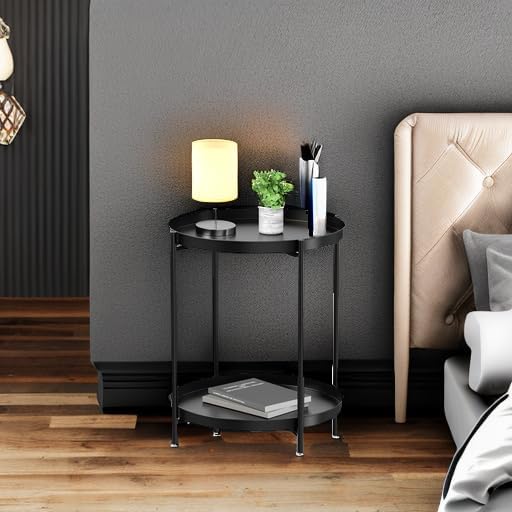 Black 2-Tier Metal Side Table with Removable Tray for Indoor Outdoor Use