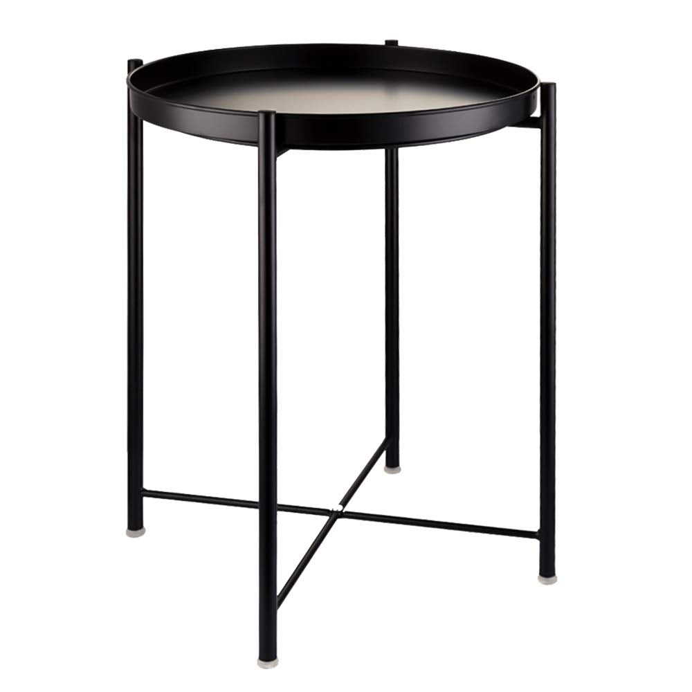 Black 2-Tier Metal Side Table with Removable Tray for Indoor Outdoor Use