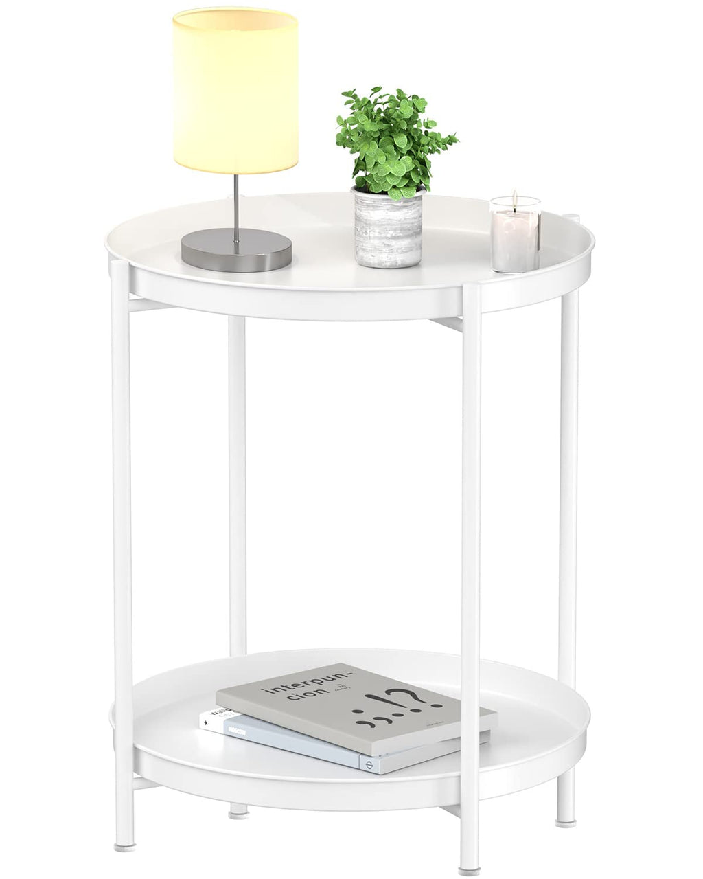 Black 2-Tier Metal Side Table with Removable Tray for Indoor Outdoor Use