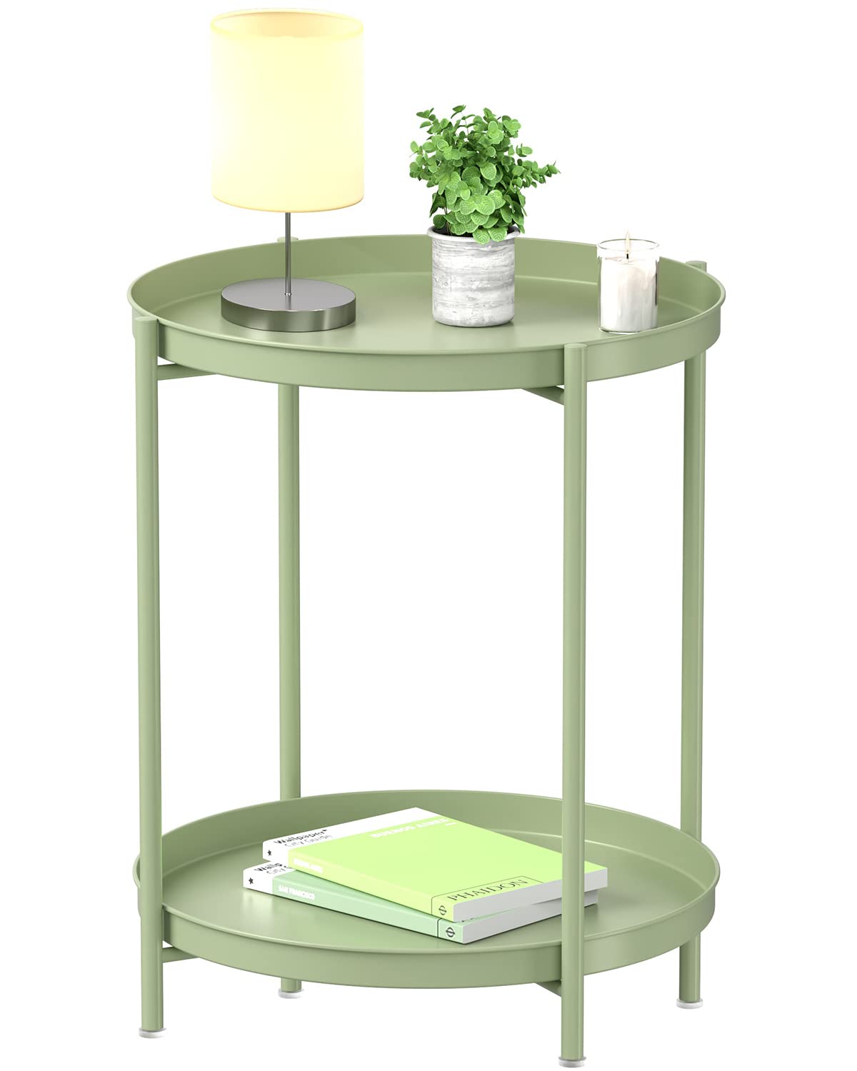 Black 2-Tier Metal Side Table with Removable Tray for Indoor Outdoor Use