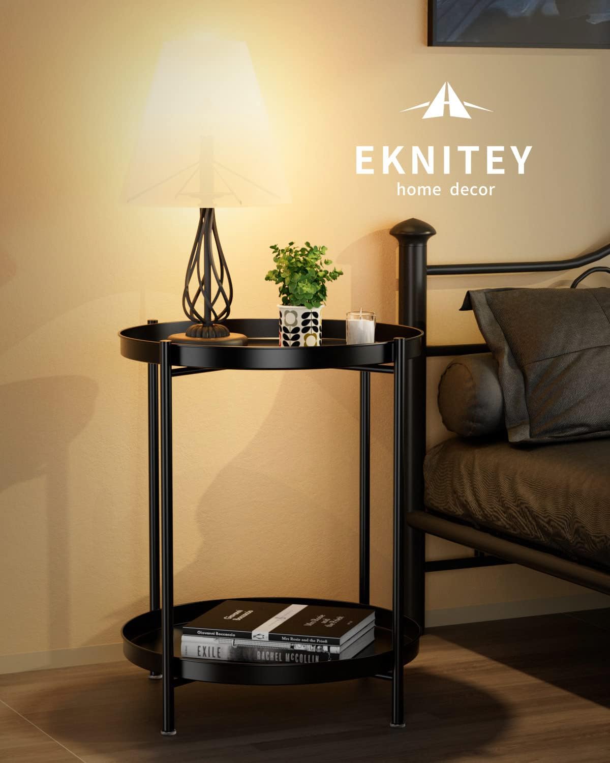 Black 2-Tier Metal Side Table with Removable Tray for Indoor Outdoor Use