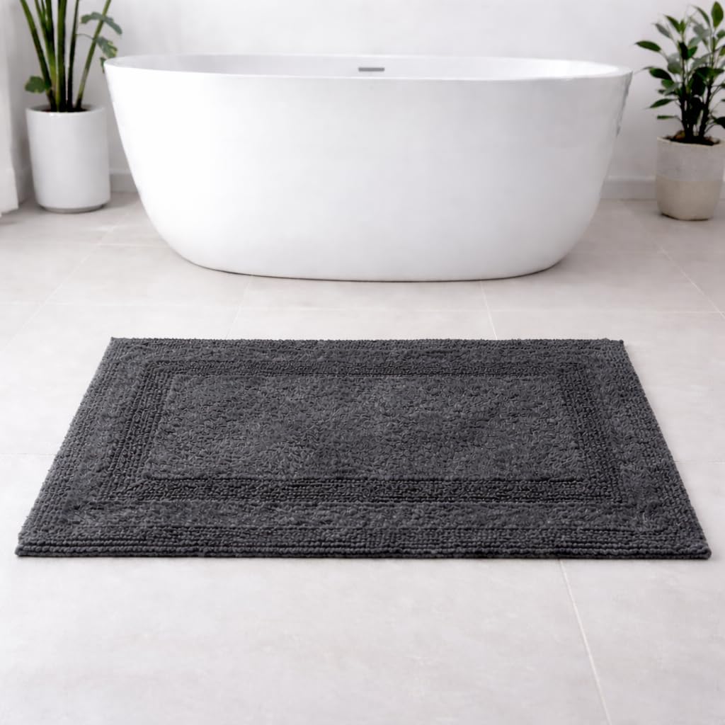 100% Cotton Bath Mat, Soft Plush Reversible Bathroom Rug, Absorbent Quick Dry Anti-Skid Machine Washable 20x32 Inch Bath Mats for Bathroom, Bath Mats for Shower (Silver)