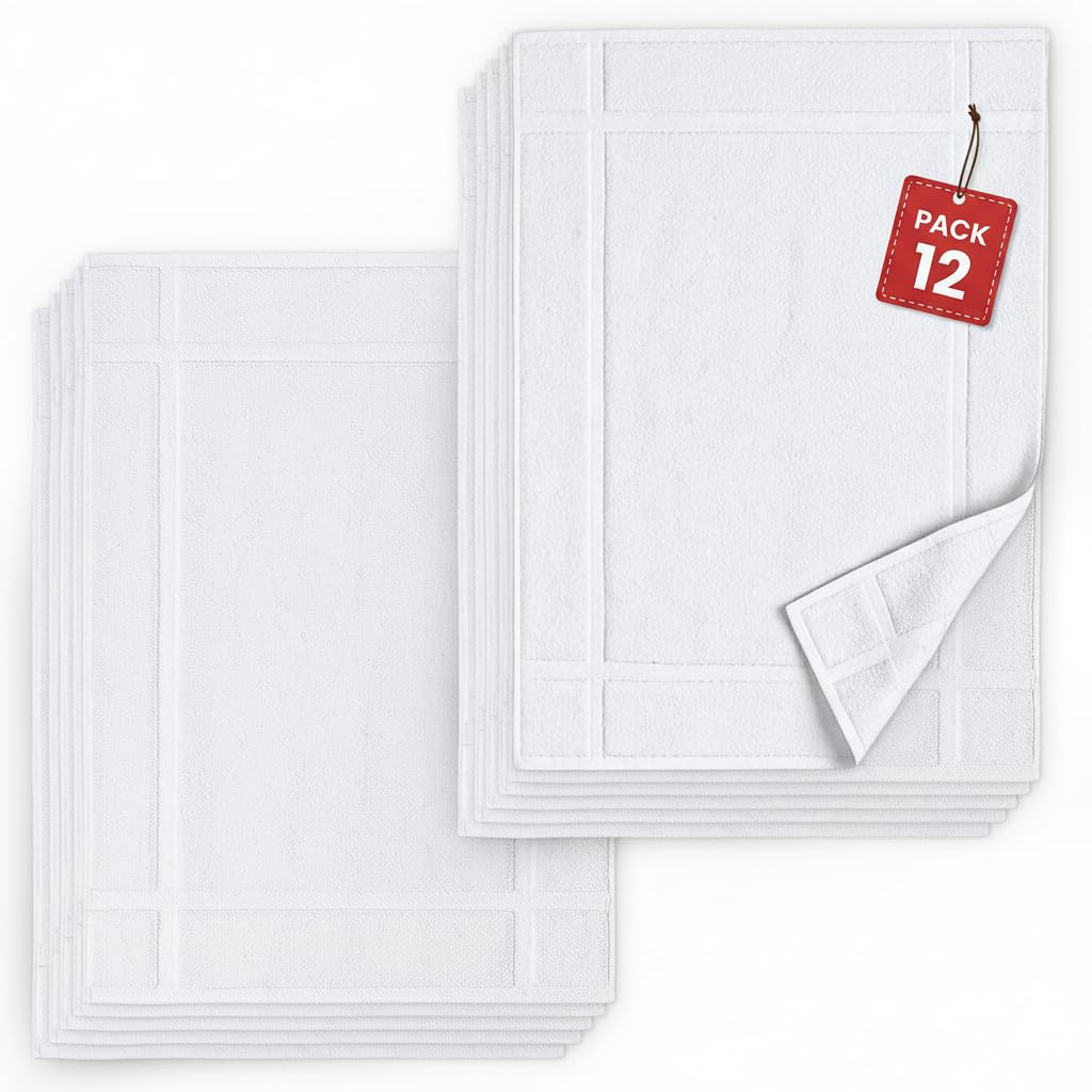 Pearl Linens Pack of 6 100% Cotton Bath Mat Towels, 20x30 inches, Soft & Absorbent Floor Towels for Bathroom, Not Bathroom Rugs, After Shower Mat, 687 GSM, Machine Washable, Airbnb Essentials, White