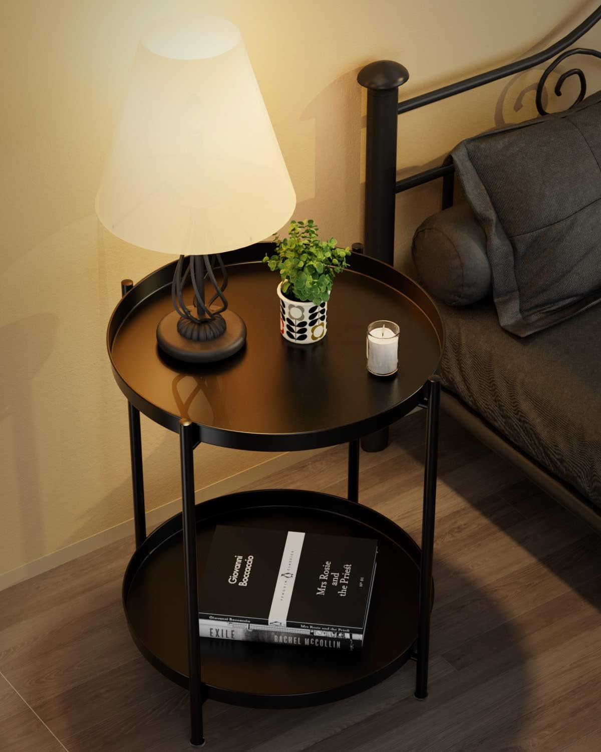 Black 2-Tier Metal Side Table with Removable Tray for Indoor Outdoor Use