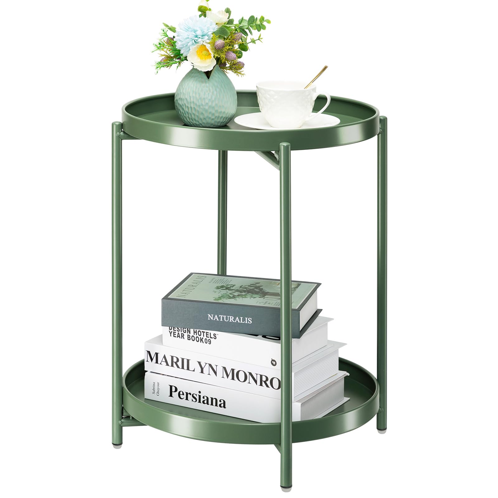 danpinera 2-Tier End Table, Outdoor Side Table Metal Round Side Table with Removable Tray, Small Folding Accent Table, Anti-Rust Nightstand for Bedroom Balcony Patio Living Room (Gold)