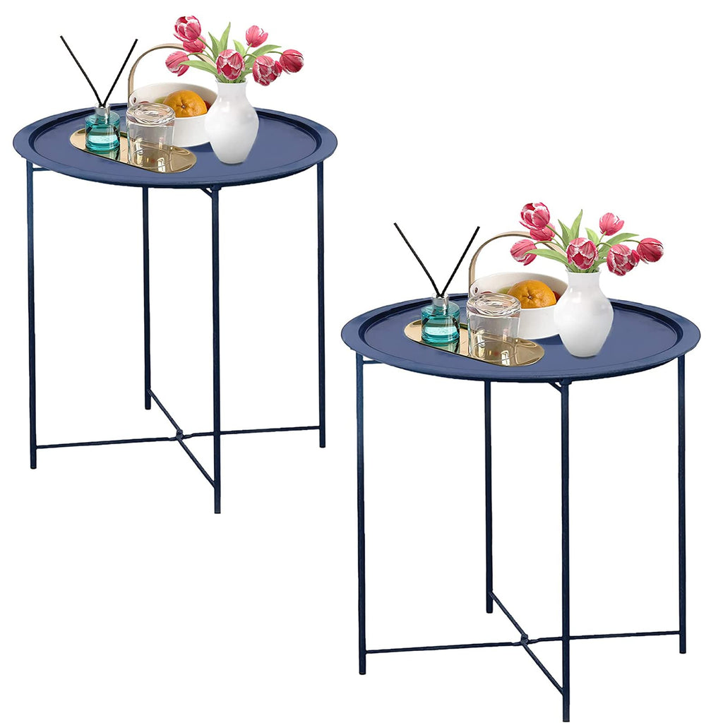 Garden 4 you End Table 2 PCS Metal Side Table Black Round Folding Tray Cyan Sofa Small Accent Fold-able Table, Round End Table Tray, Next to Sofa Table, Snack Table for Living Room and Bed Room