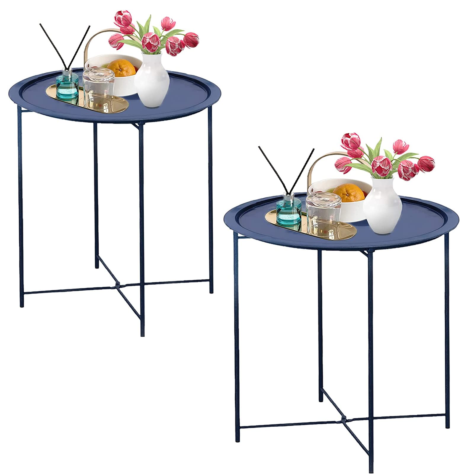 Garden 4 you End Table 2 PCS Metal Side Table Black Round Folding Tray Cyan Sofa Small Accent Fold-able Table, Round End Table Tray, Next to Sofa Table, Snack Table for Living Room and Bed Room