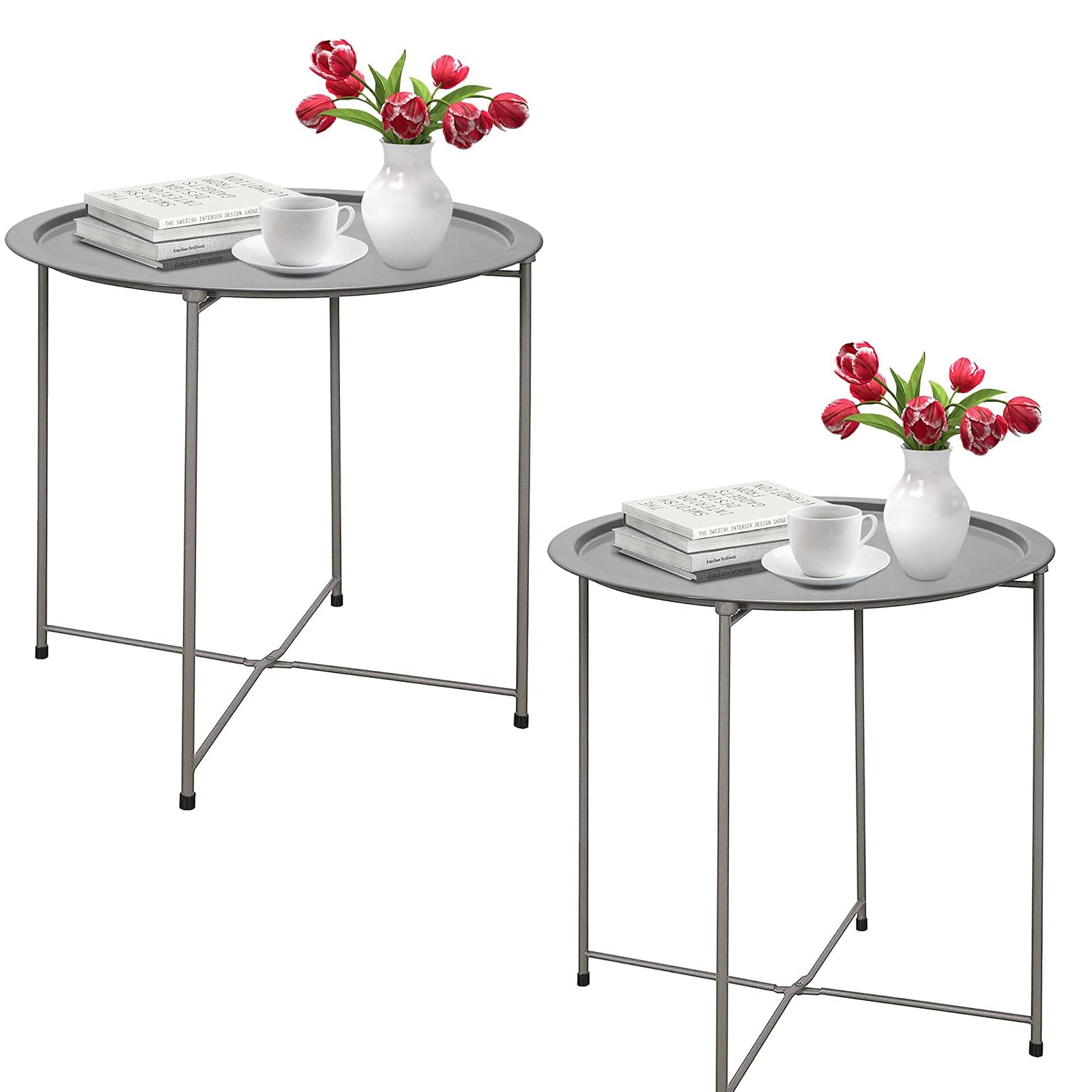 Garden 4 you End Table 2 PCS Metal Side Table Black Round Folding Tray Cyan Sofa Small Accent Fold-able Table, Round End Table Tray, Next to Sofa Table, Snack Table for Living Room and Bed Room