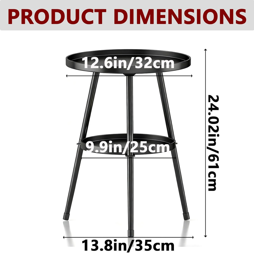Side Table 2-Tier Small Round End Table Metal Black Accent Table for Small Spaces Indoor Outdoor Living Room Bedroom Balcony Office.