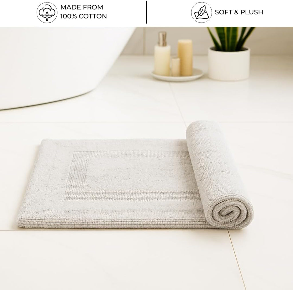 100% Cotton Bath Mat, Soft Plush Reversible Bathroom Rug, Absorbent Quick Dry Anti-Skid Machine Washable 20x32 Inch Bath Mats for Bathroom, Bath Mats for Shower (Silver)