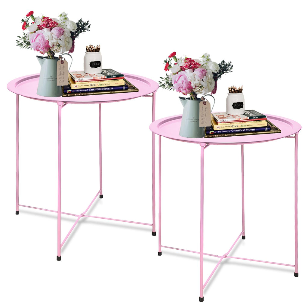 Garden 4 you End Table 2 PCS Metal Side Table Black Round Folding Tray Cyan Sofa Small Accent Fold-able Table, Round End Table Tray, Next to Sofa Table, Snack Table for Living Room and Bed Room