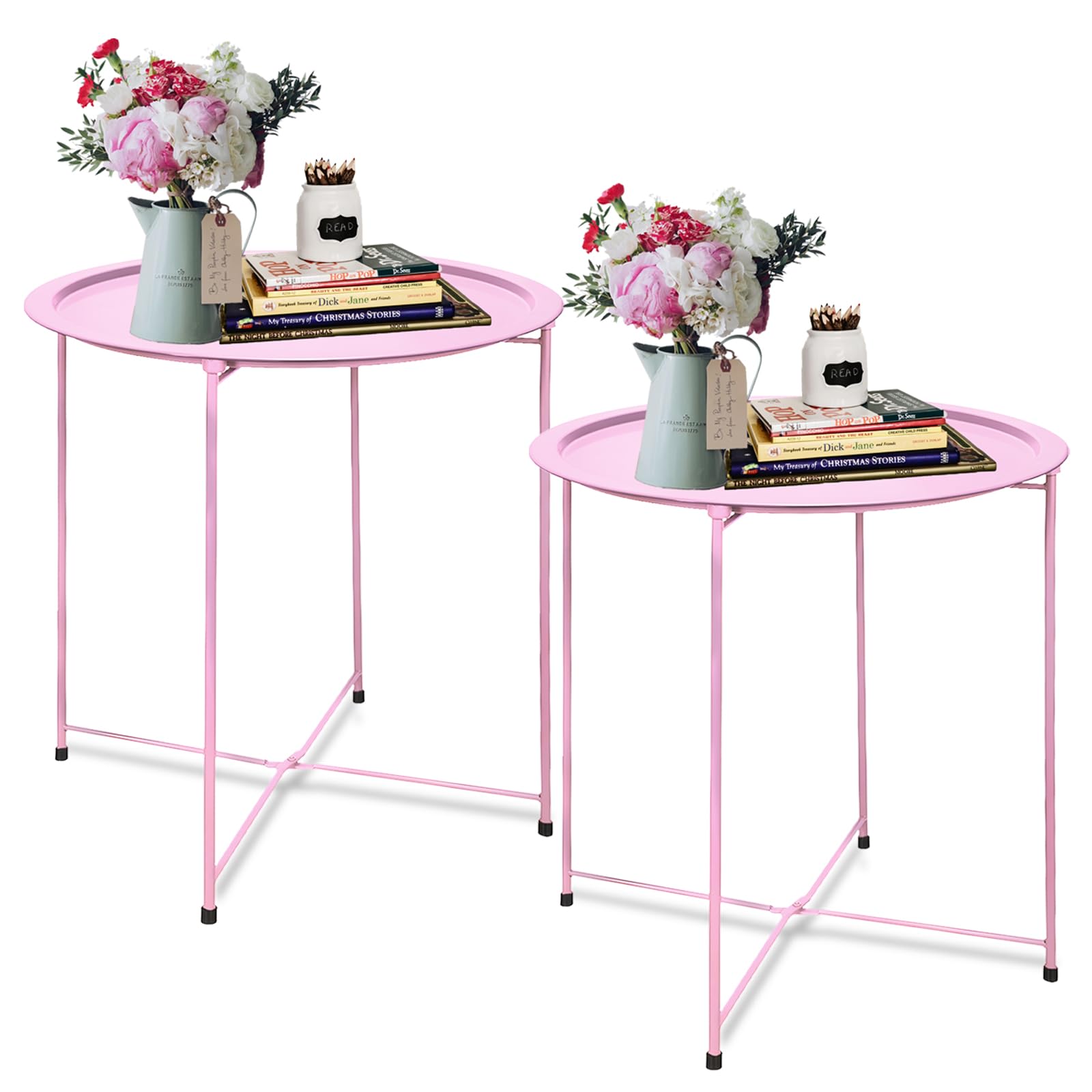 Garden 4 you End Table 2 PCS Metal Side Table Black Round Folding Tray Cyan Sofa Small Accent Fold-able Table, Round End Table Tray, Next to Sofa Table, Snack Table for Living Room and Bed Room