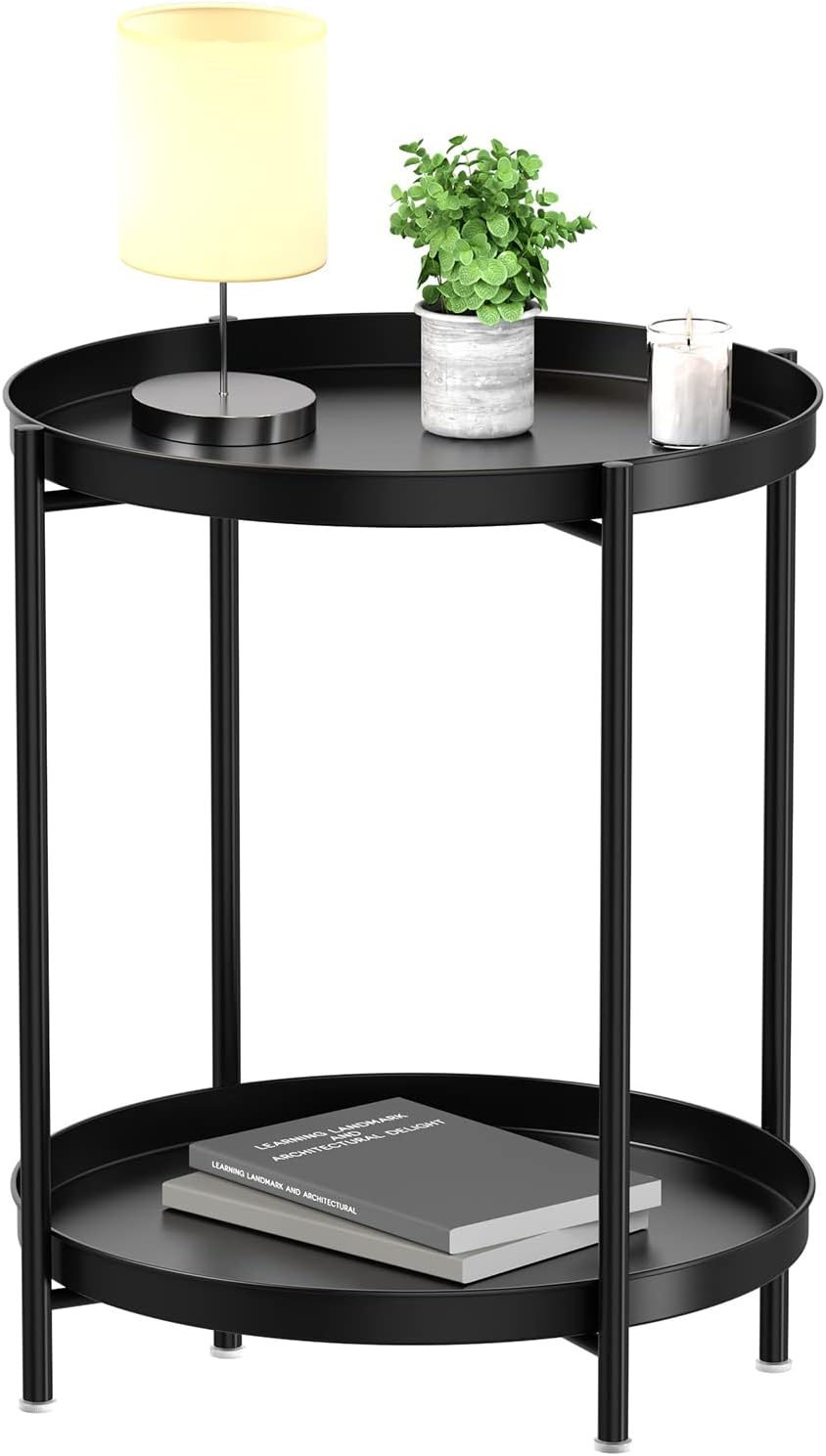 Black 2-Tier Metal Side Table with Removable Tray for Indoor Outdoor Use