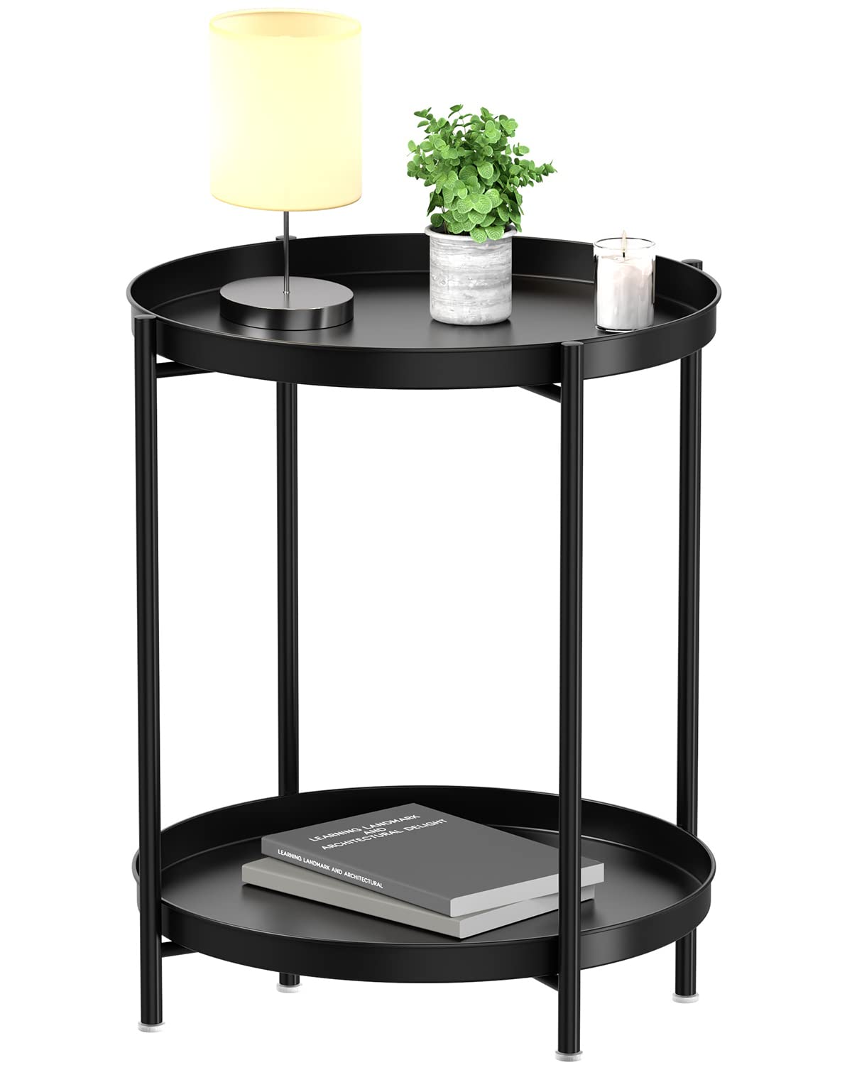 Black 2-Tier Metal Side Table with Removable Tray for Indoor Outdoor Use