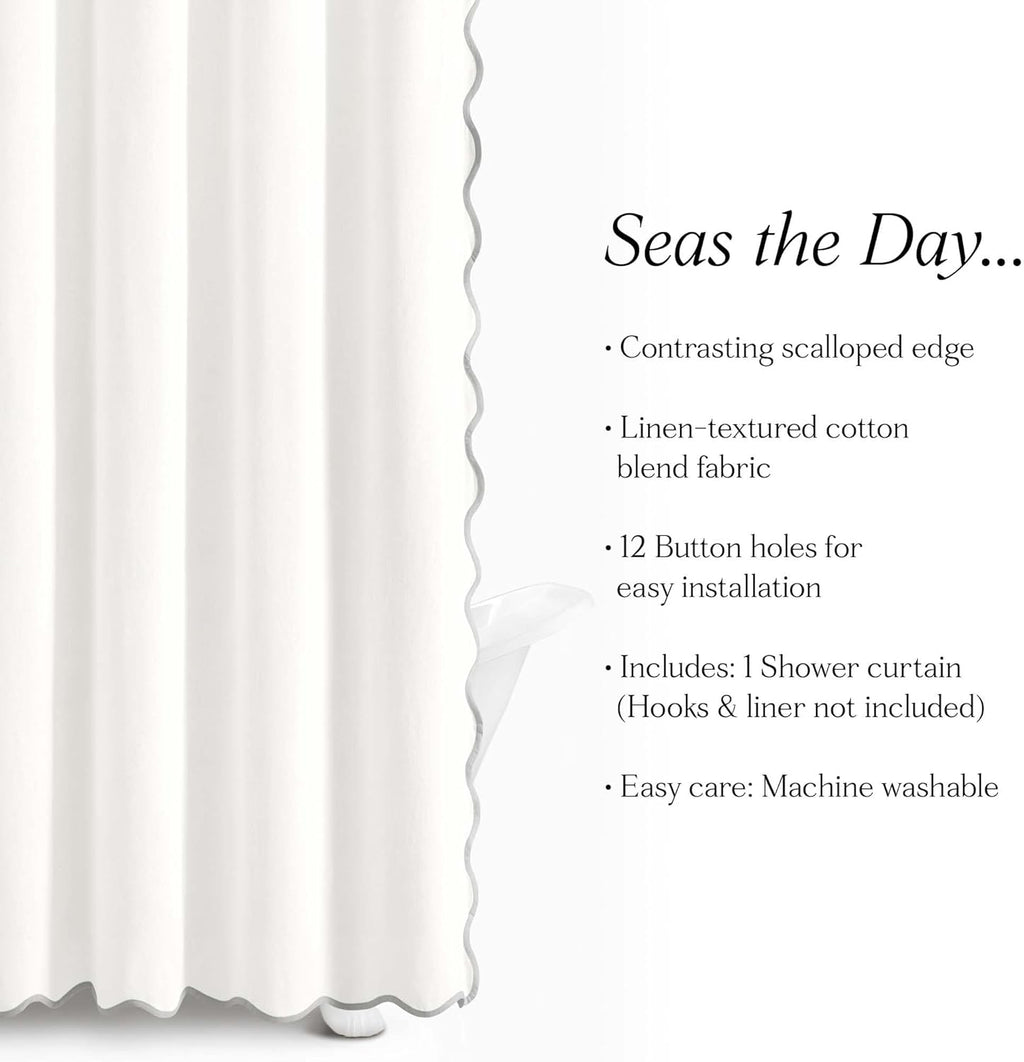 Lush Decor Coastal Chic Scallop Edge Linen-Textured Shower Curtain, Single 72" W x 72" L, Gray & White - Scalloped Shower Curtains - Coastal Bathroom Curtain