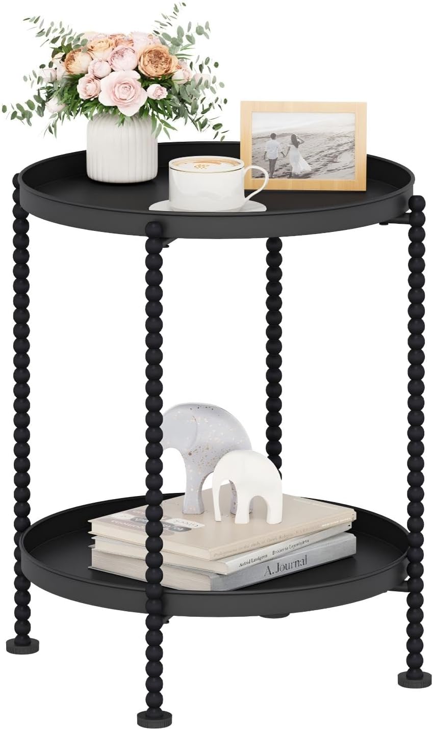 YINMIT 2 Tier End Table,Outdoor Metal Round Side Table,Waterproof Sofa Coffee Side Tables,Bedside Nightstand for Living Room, Bedroom, Office, Balcony