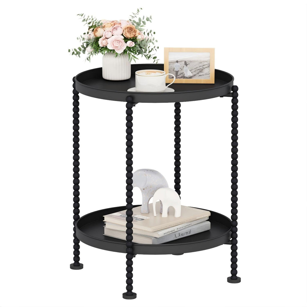 YINMIT 2 Tier End Table,Outdoor Metal Round Side Table,Waterproof Sofa Coffee Side Tables,Bedside Nightstand for Living Room, Bedroom, Office, Balcony