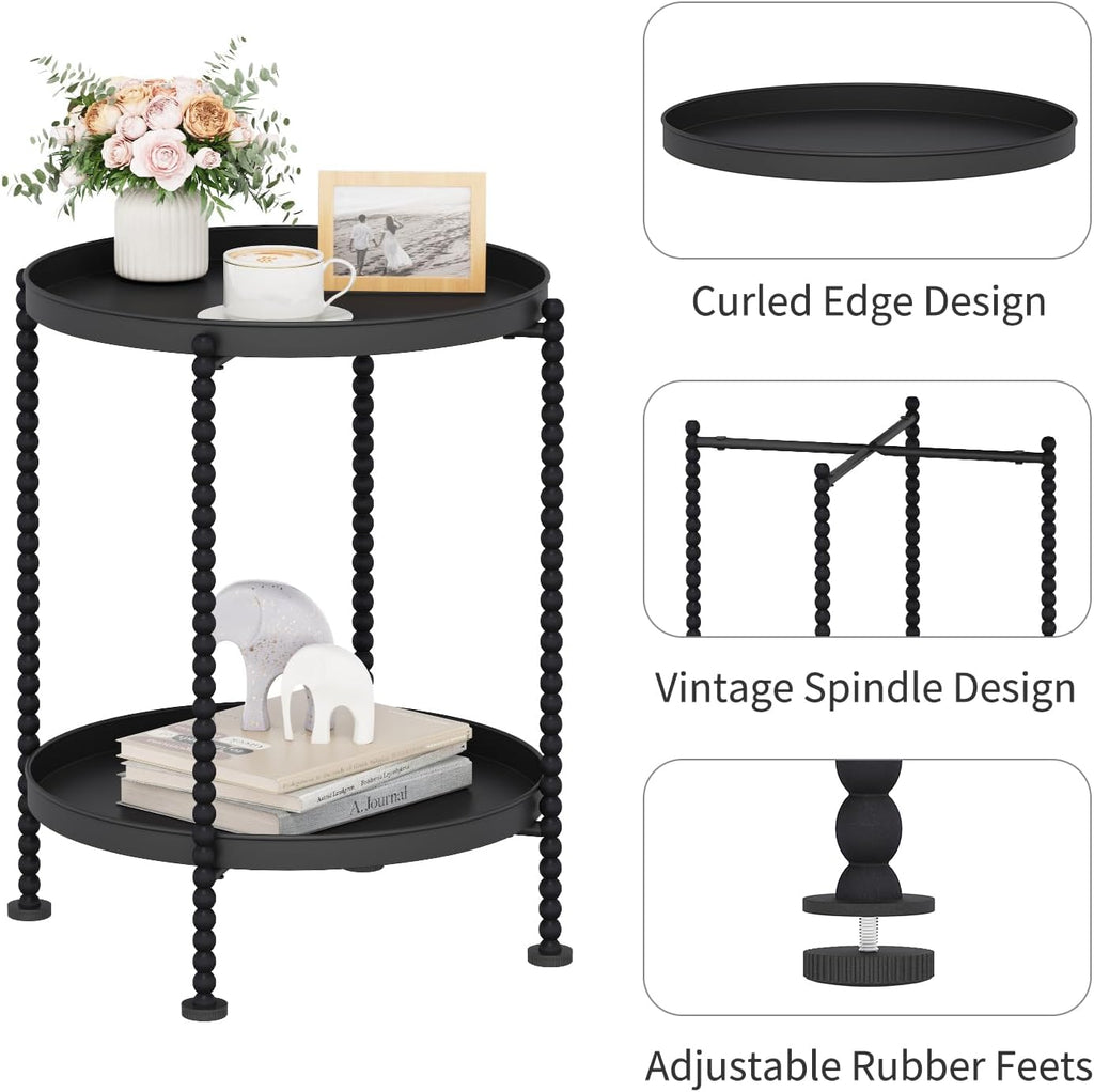 YINMIT 2 Tier End Table,Outdoor Metal Round Side Table,Waterproof Sofa Coffee Side Tables,Bedside Nightstand for Living Room, Bedroom, Office, Balcony