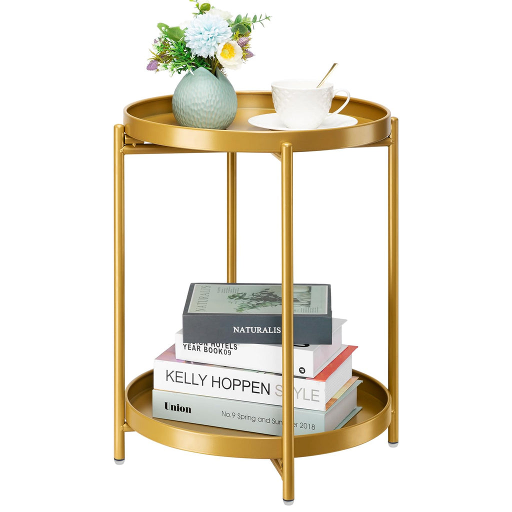 danpinera 2-Tier End Table, Outdoor Side Table Metal Round Side Table with Removable Tray, Small Folding Accent Table, Anti-Rust Nightstand for Bedroom Balcony Patio Living Room (Gold)