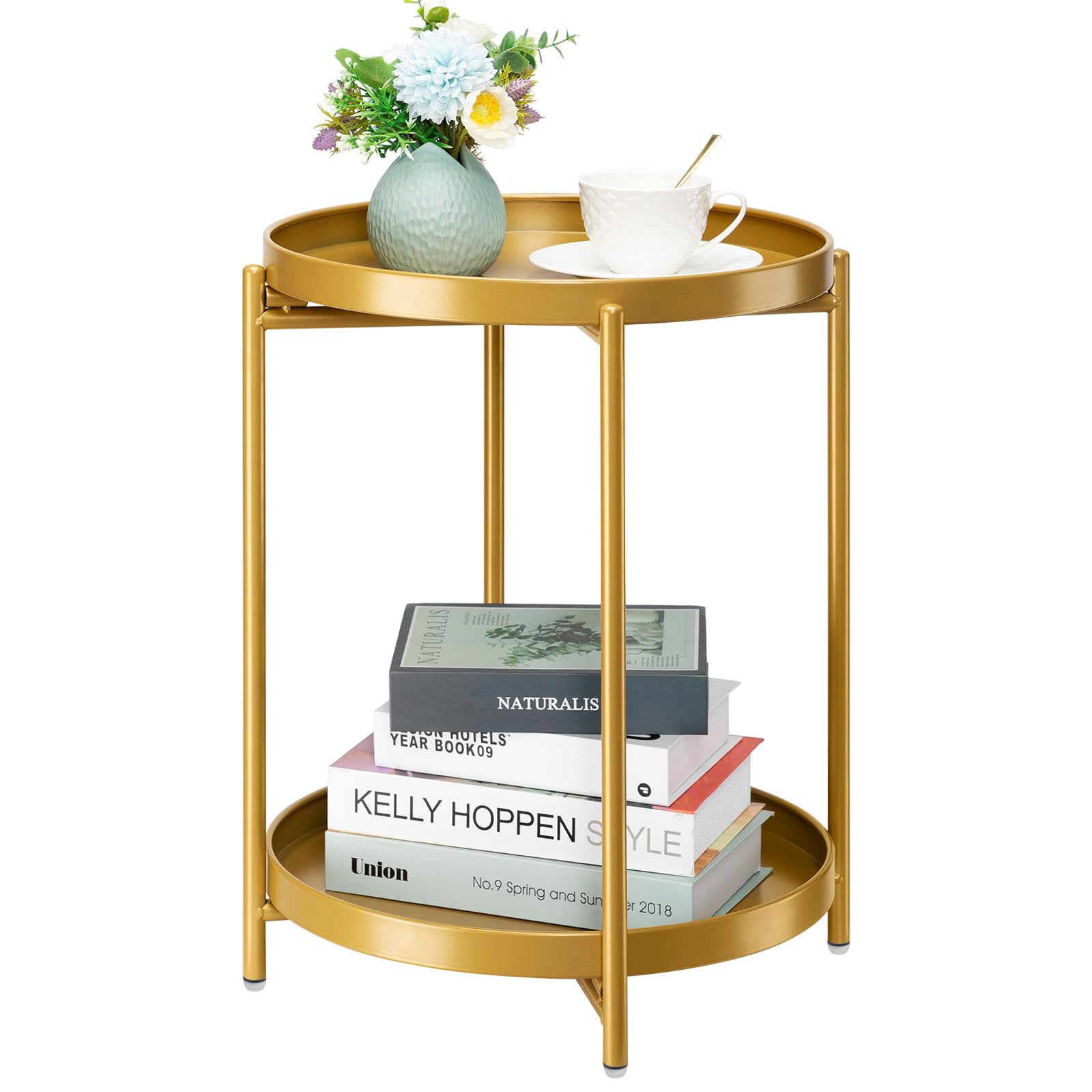 danpinera 2-Tier End Table, Outdoor Side Table Metal Round Side Table with Removable Tray, Small Folding Accent Table, Anti-Rust Nightstand for Bedroom Balcony Patio Living Room (Gold)