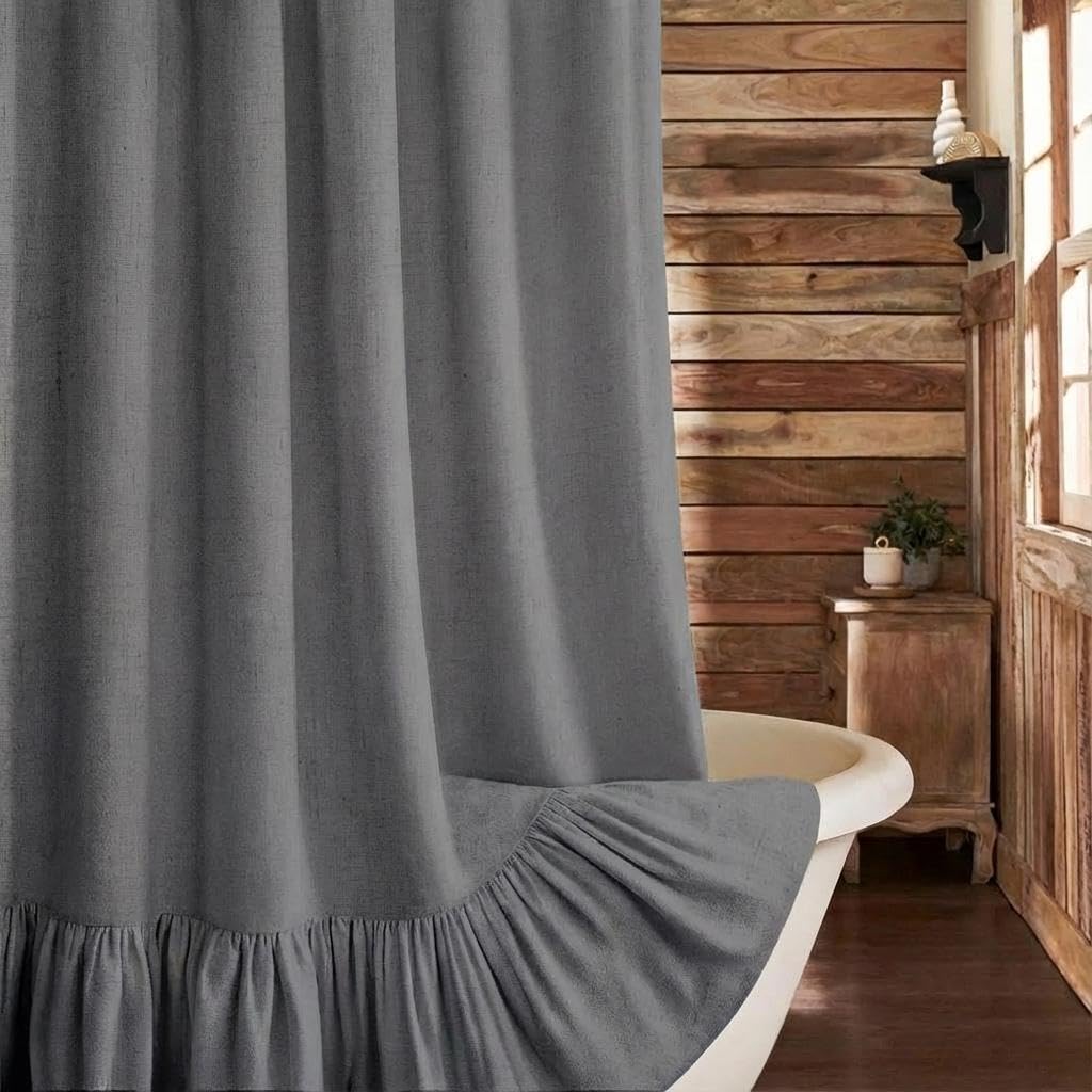 Beige Linen Farmhouse Ruffle Shower Curtain 72"×72", Rustic Boho Country Bathroom Fabric Curtain
