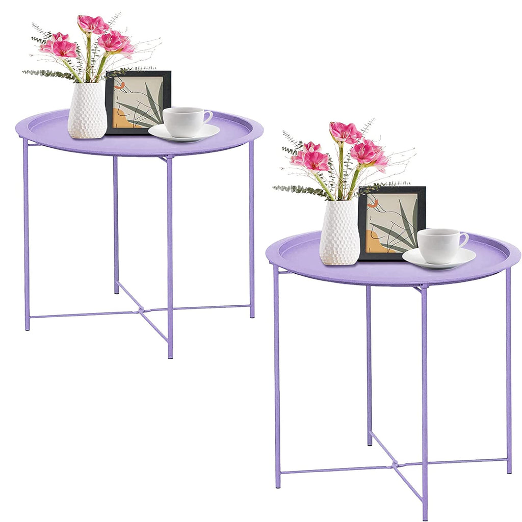 Garden 4 you End Table 2 PCS Metal Side Table Black Round Folding Tray Cyan Sofa Small Accent Fold-able Table, Round End Table Tray, Next to Sofa Table, Snack Table for Living Room and Bed Room