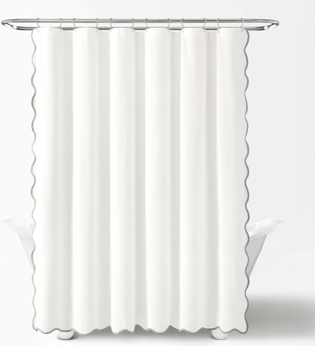 Lush Decor Coastal Chic Scallop Edge Linen-Textured Shower Curtain, Single 72" W x 72" L, Gray & White - Scalloped Shower Curtains - Coastal Bathroom Curtain
