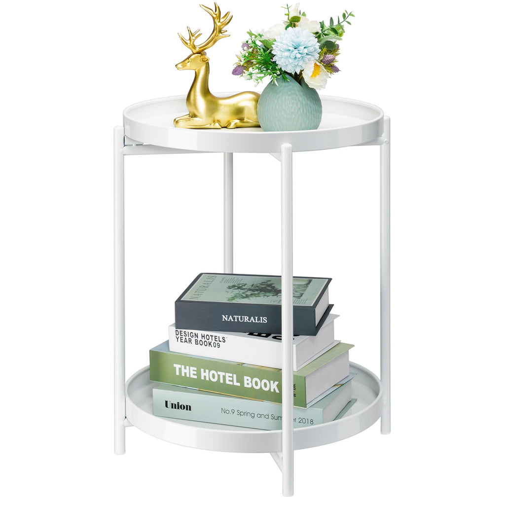 danpinera 2-Tier End Table, Outdoor Side Table Metal Round Side Table with Removable Tray, Small Folding Accent Table, Anti-Rust Nightstand for Bedroom Balcony Patio Living Room (Gold)