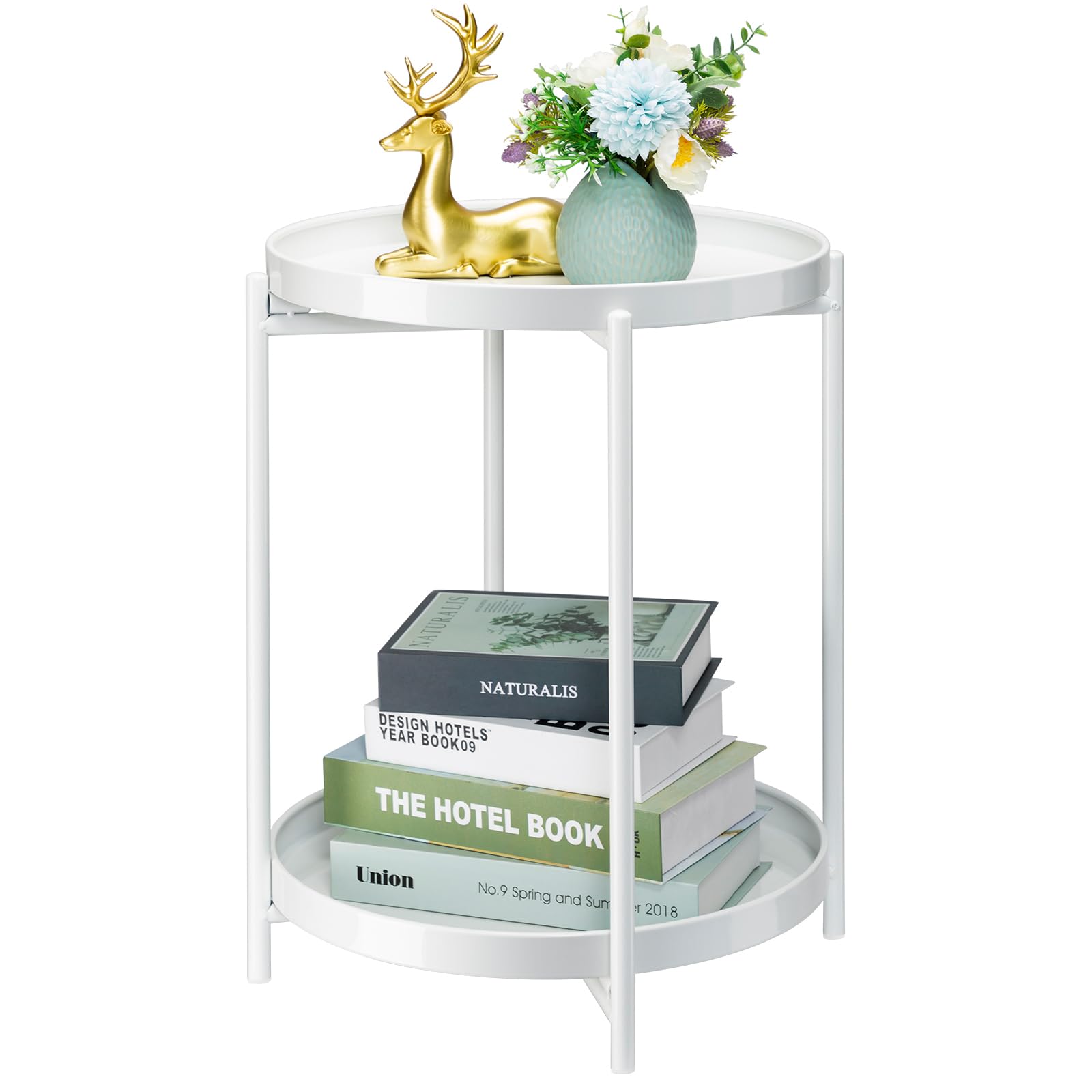 danpinera 2-Tier End Table, Outdoor Side Table Metal Round Side Table with Removable Tray, Small Folding Accent Table, Anti-Rust Nightstand for Bedroom Balcony Patio Living Room (Gold)