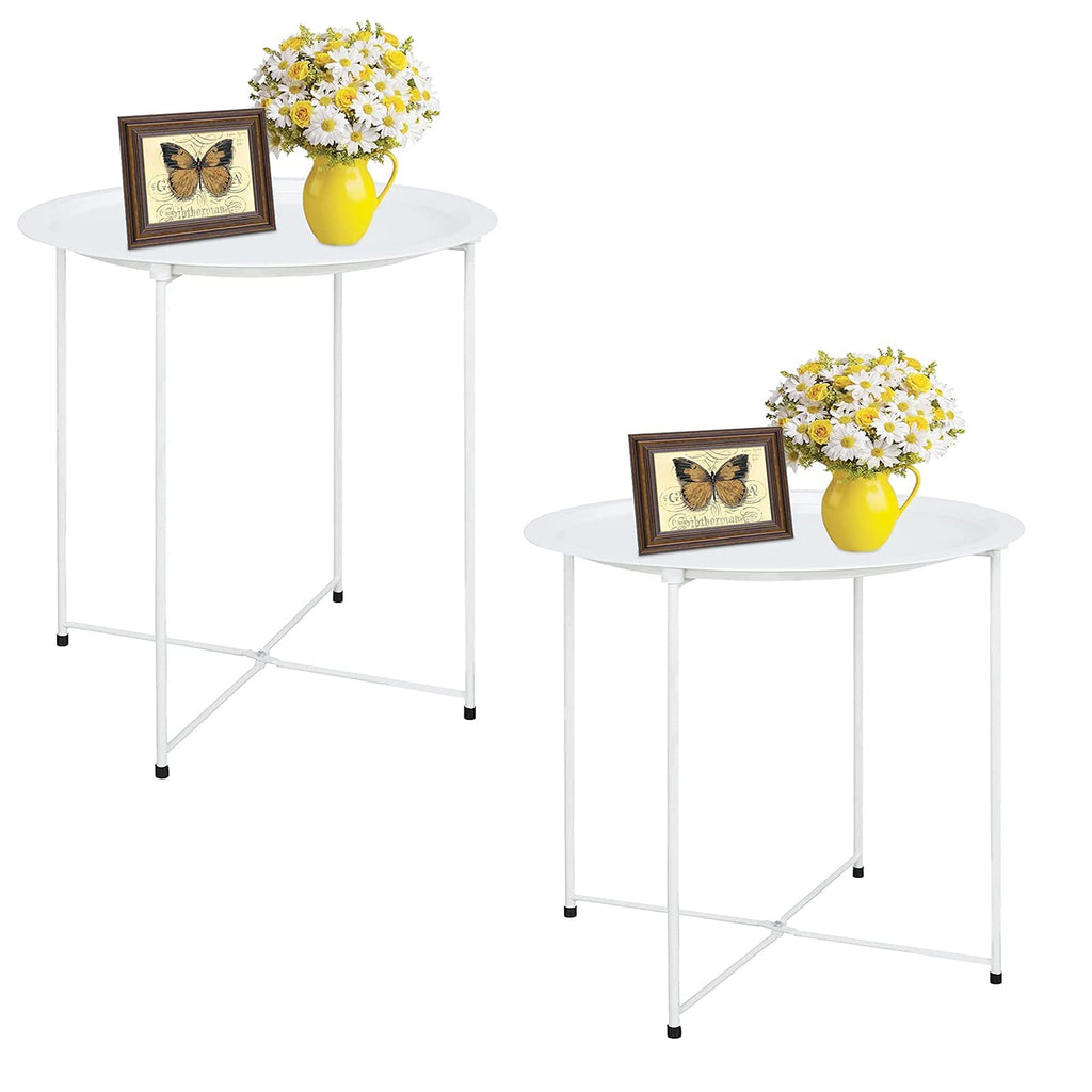 Garden 4 you End Table 2 PCS Metal Side Table Black Round Folding Tray Cyan Sofa Small Accent Fold-able Table, Round End Table Tray, Next to Sofa Table, Snack Table for Living Room and Bed Room