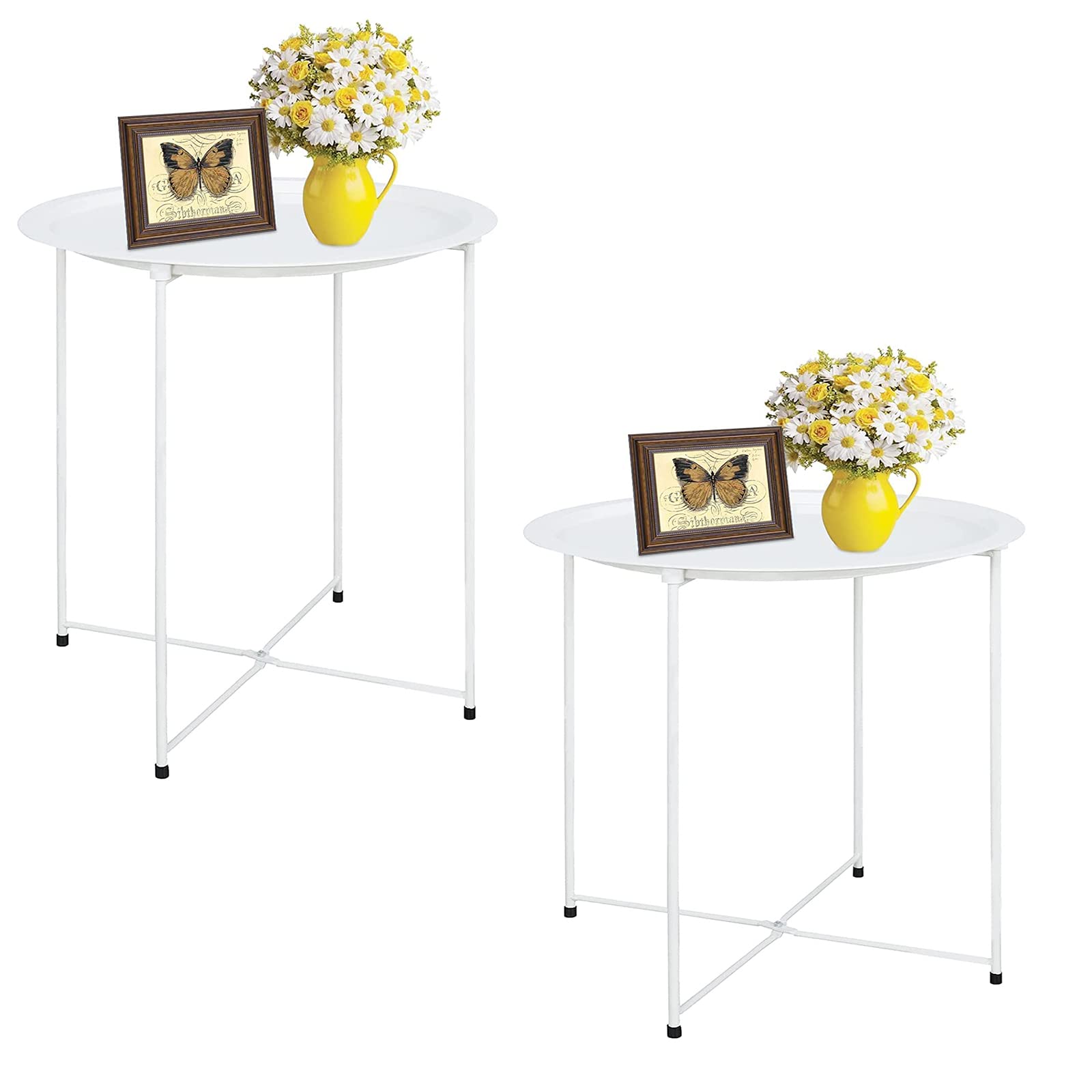 Garden 4 you End Table 2 PCS Metal Side Table Black Round Folding Tray Cyan Sofa Small Accent Fold-able Table, Round End Table Tray, Next to Sofa Table, Snack Table for Living Room and Bed Room