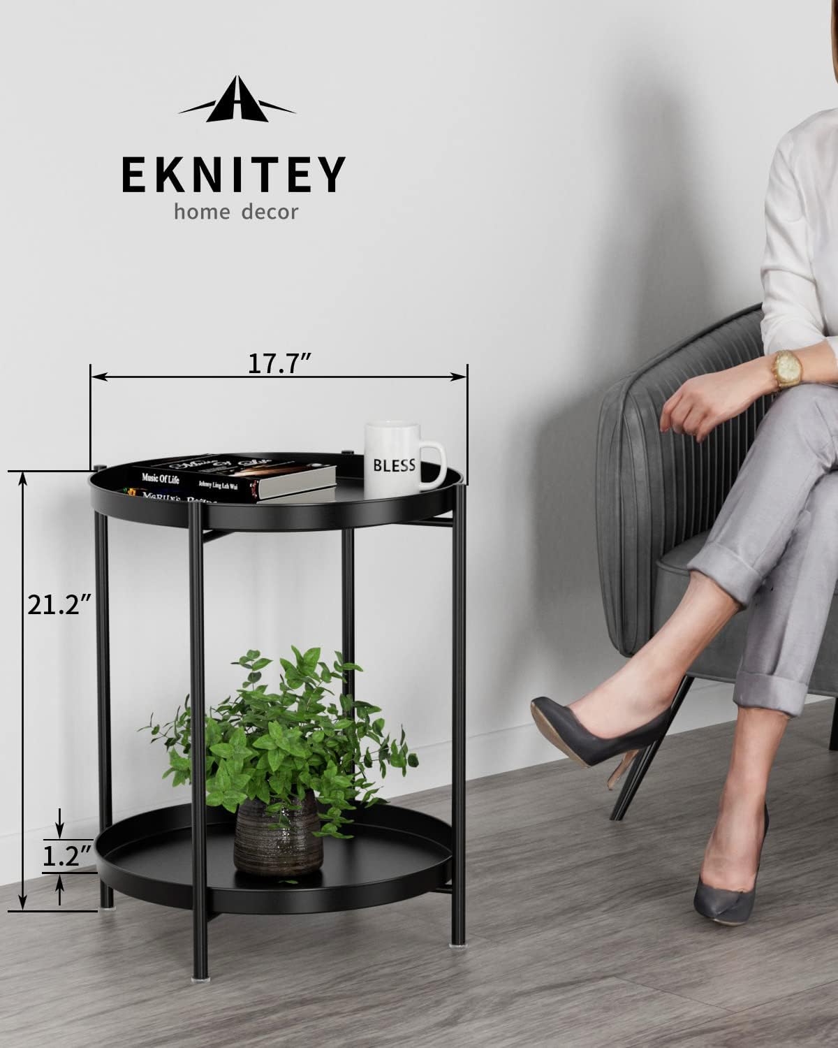 Black 2-Tier Metal Side Table with Removable Tray for Indoor Outdoor Use