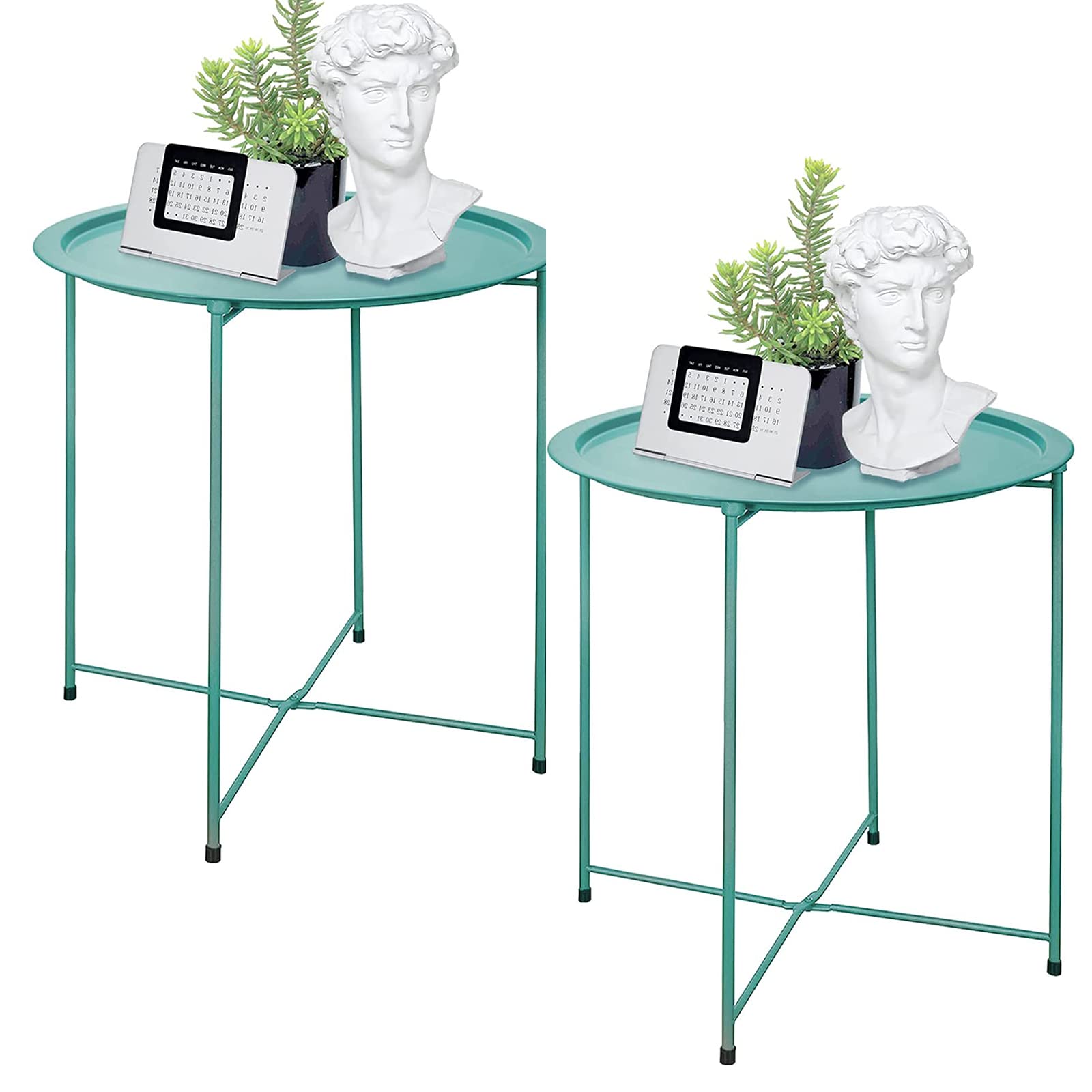 Garden 4 you End Table 2 PCS Metal Side Table Black Round Folding Tray Cyan Sofa Small Accent Fold-able Table, Round End Table Tray, Next to Sofa Table, Snack Table for Living Room and Bed Room