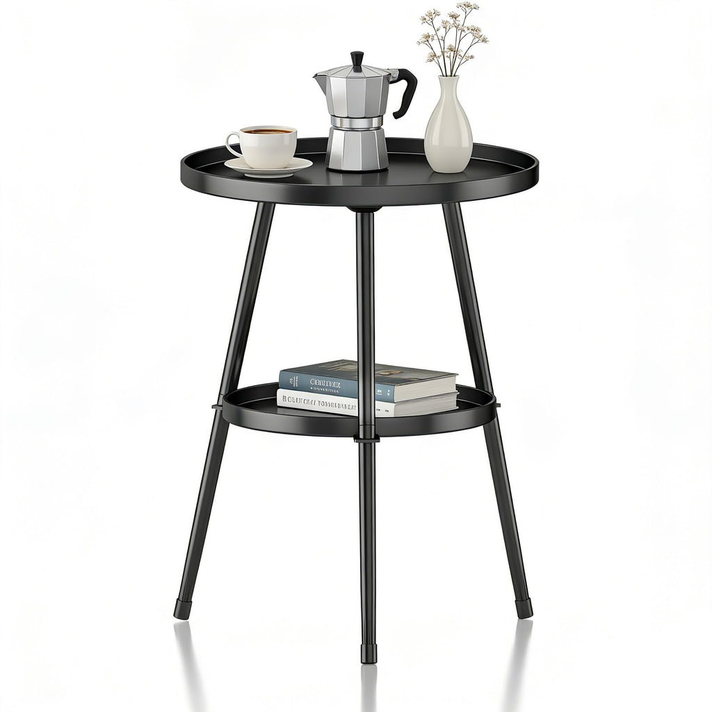 Side Table 2-Tier Small Round End Table Metal Black Accent Table for Small Spaces Indoor Outdoor Living Room Bedroom Balcony Office.