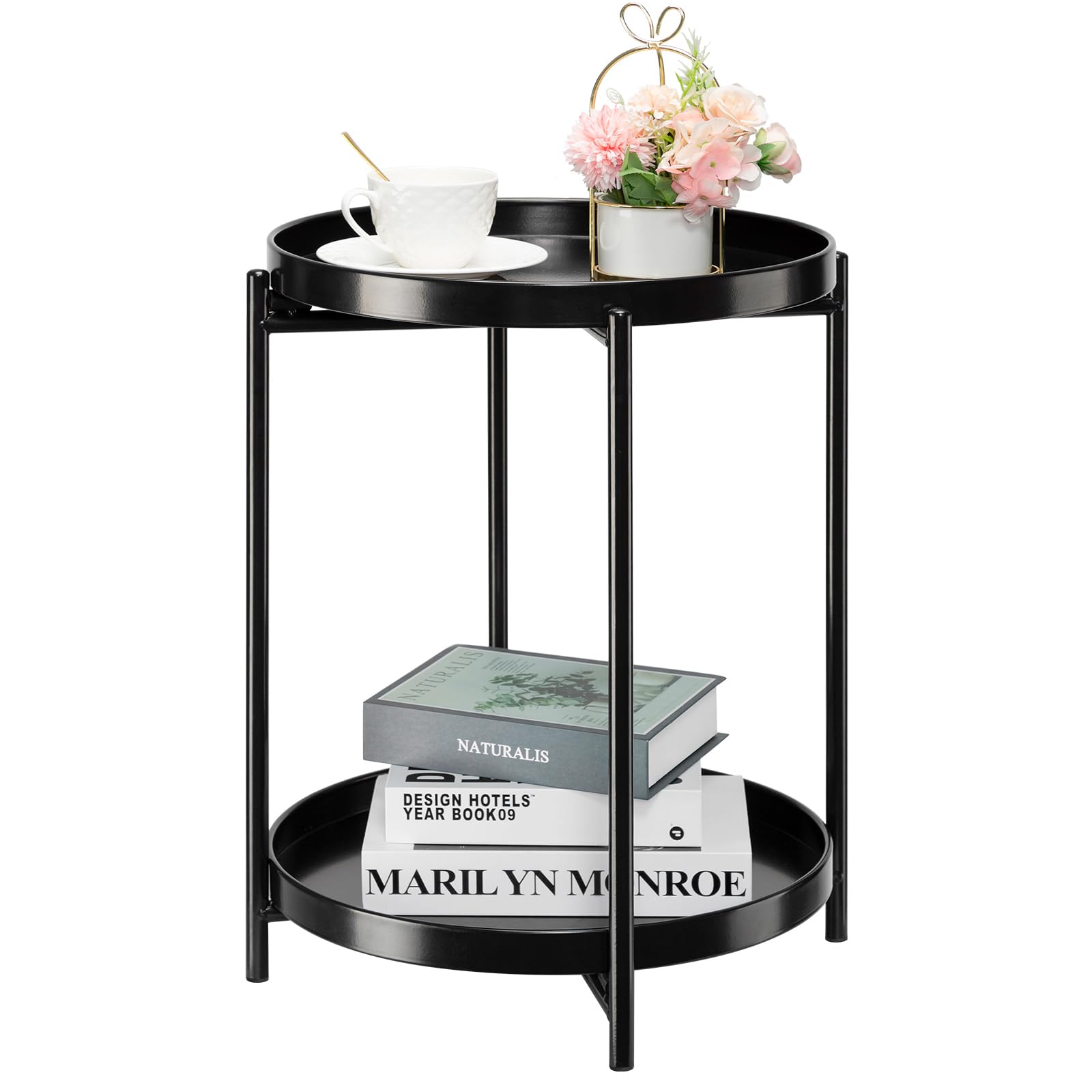 danpinera 2-Tier End Table, Outdoor Side Table Metal Round Side Table with Removable Tray, Small Folding Accent Table, Anti-Rust Nightstand for Bedroom Balcony Patio Living Room (Gold)