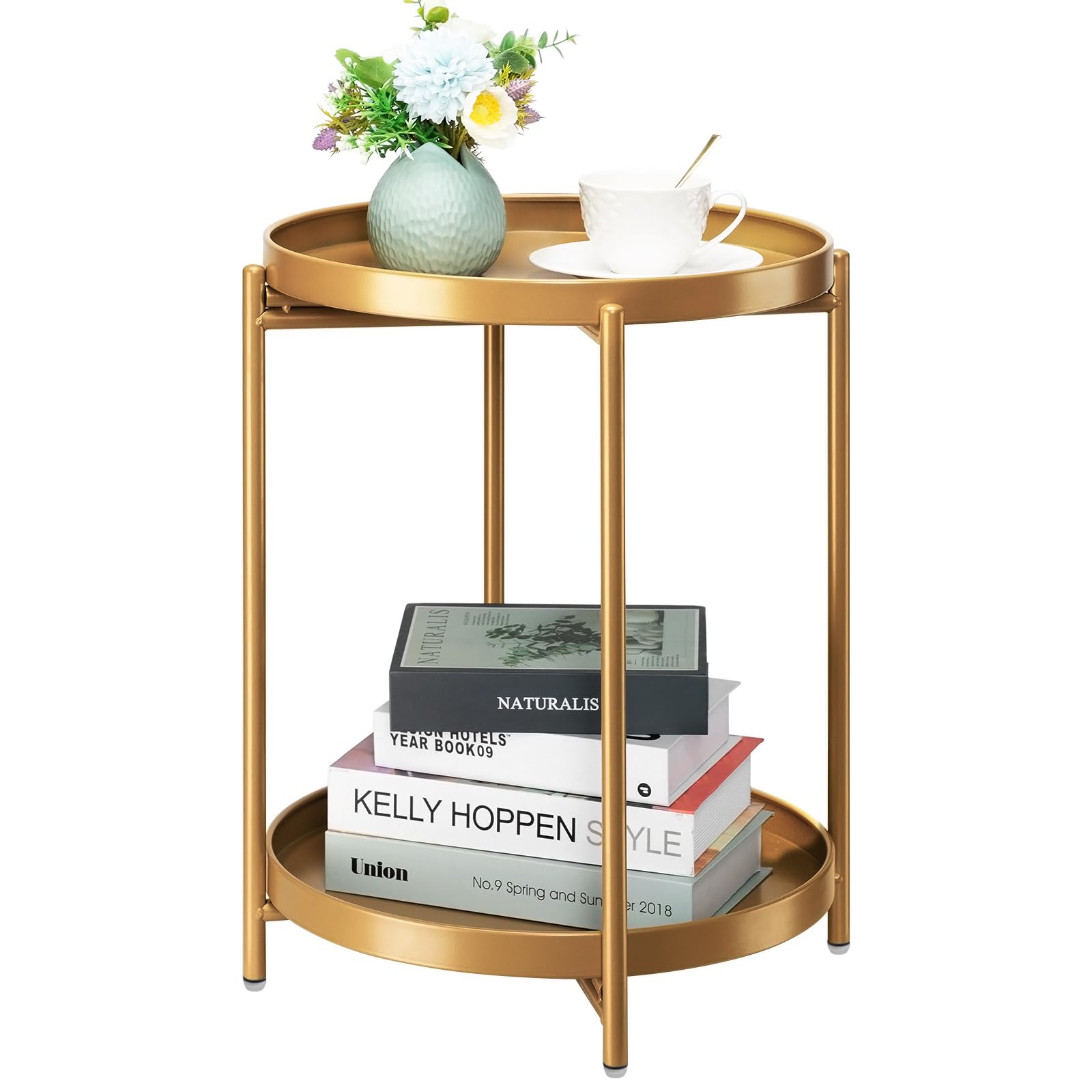 danpinera 2-Tier End Table, Outdoor Side Table Metal Round Side Table with Removable Tray, Small Folding Accent Table, Anti-Rust Nightstand for Bedroom Balcony Patio Living Room (Gold)