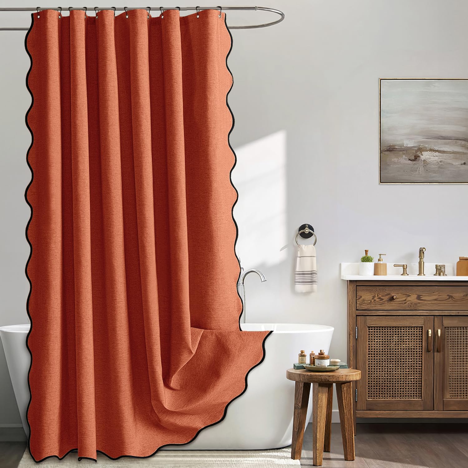 MIULEE Beige Scalloped Shower Curtain Linen Textured with 12 Metal Hooks Cute Heavy Duty Washable Waterproof Neutral Thick Cloth Shower Curtains with Black Border for Bathroom Bathtub,W72*L72 Cream