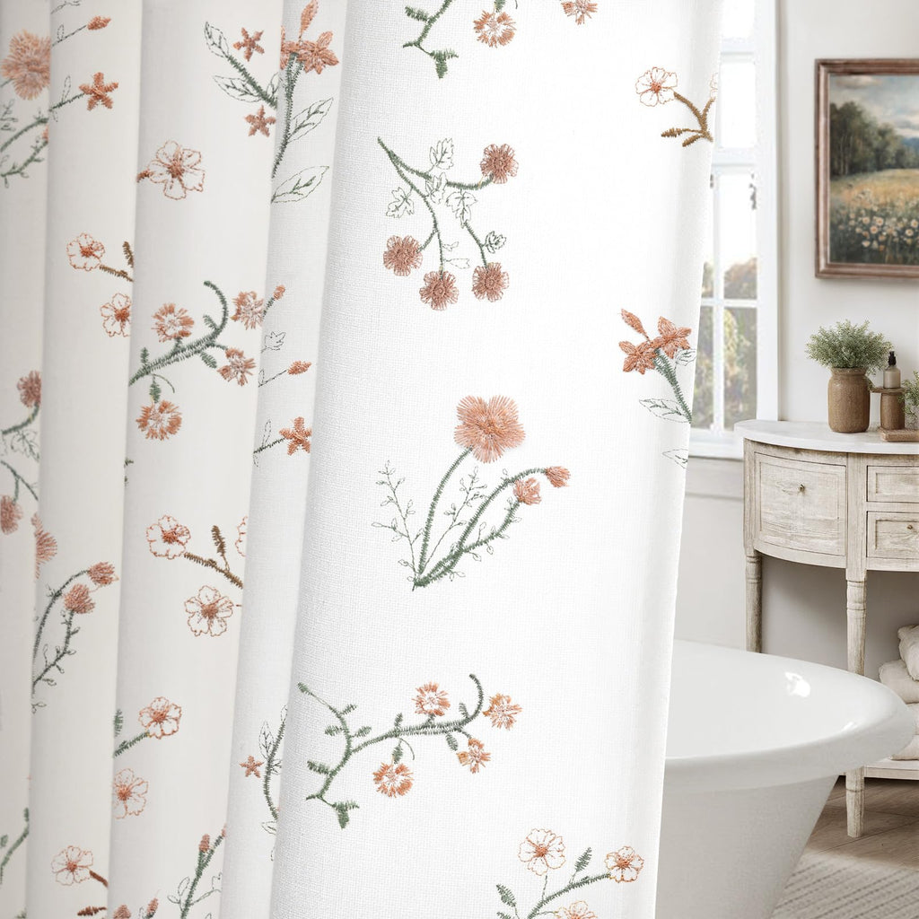 Floral Farmhouse Vintage Linen Shower Curtain, French Country Spring Shower Curtains for Bathroom, 72Wx72H