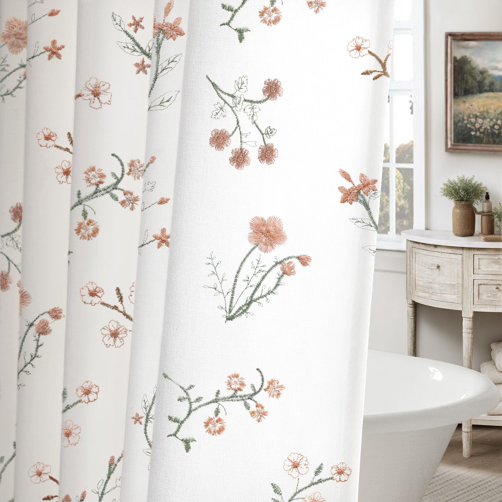 Floral Farmhouse Vintage Linen Shower Curtain, French Country Spring Shower Curtains for Bathroom, 72Wx72H