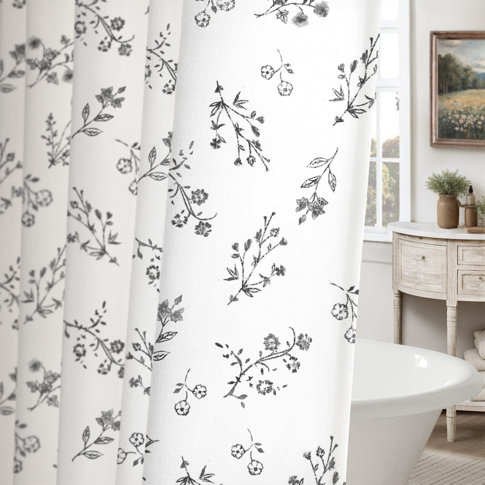 Floral Farmhouse Vintage Linen Shower Curtain, French Country Spring Shower Curtains for Bathroom, 72Wx72H