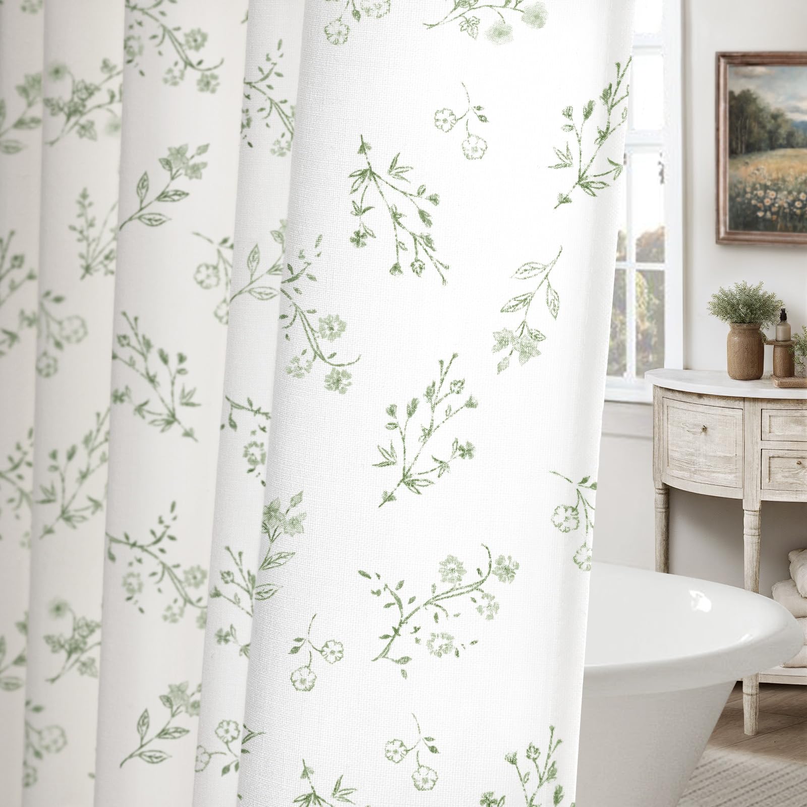Floral Farmhouse Vintage Linen Shower Curtain, French Country Spring Shower Curtains for Bathroom, 72Wx72H