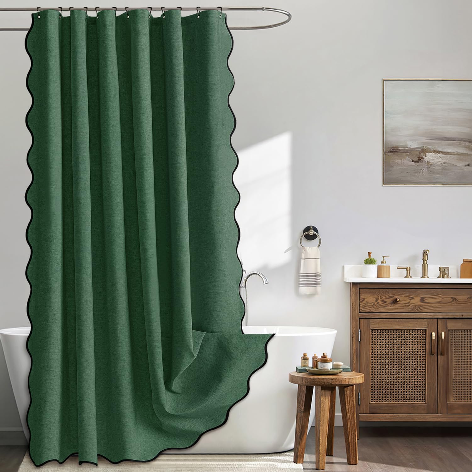 MIULEE Beige Scalloped Shower Curtain Linen Textured with 12 Metal Hooks Cute Heavy Duty Washable Waterproof Neutral Thick Cloth Shower Curtains with Black Border for Bathroom Bathtub,W72*L72 Cream