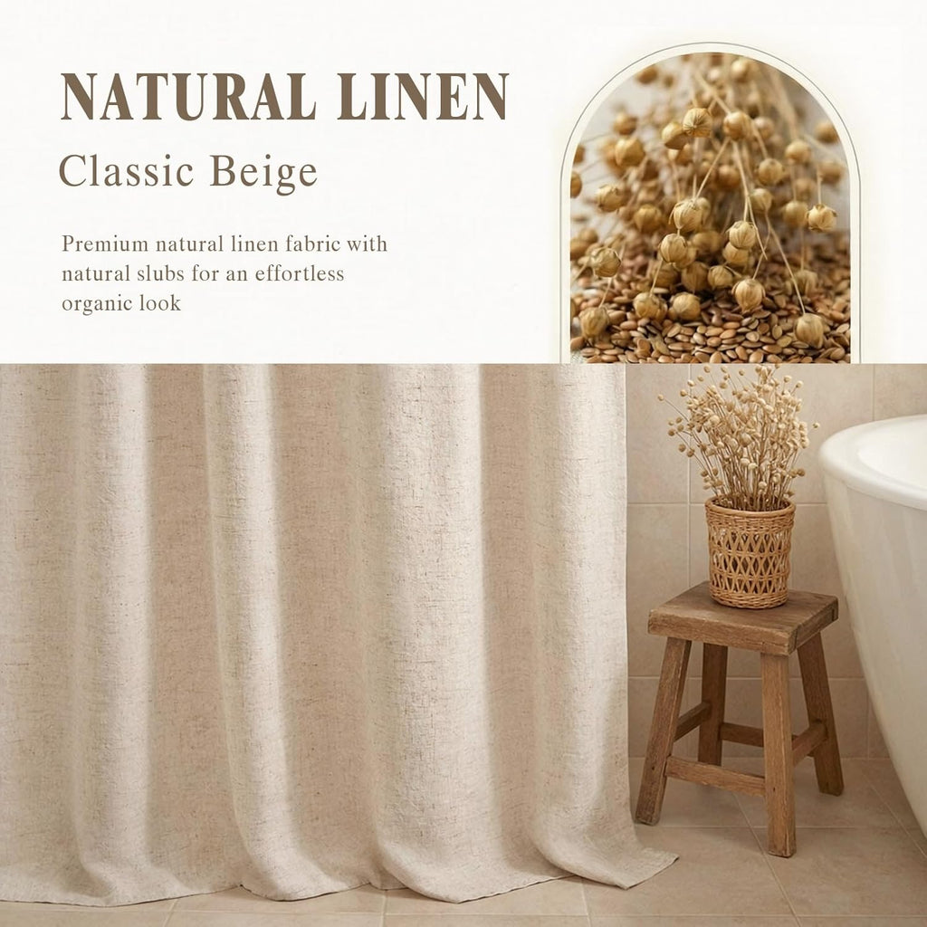 Linen Shower Curtain Beige, Fabric Boho Farmhouse Shower Curtains for Bathroom Cream Cotton Natural Cloth 72" W x 72" L