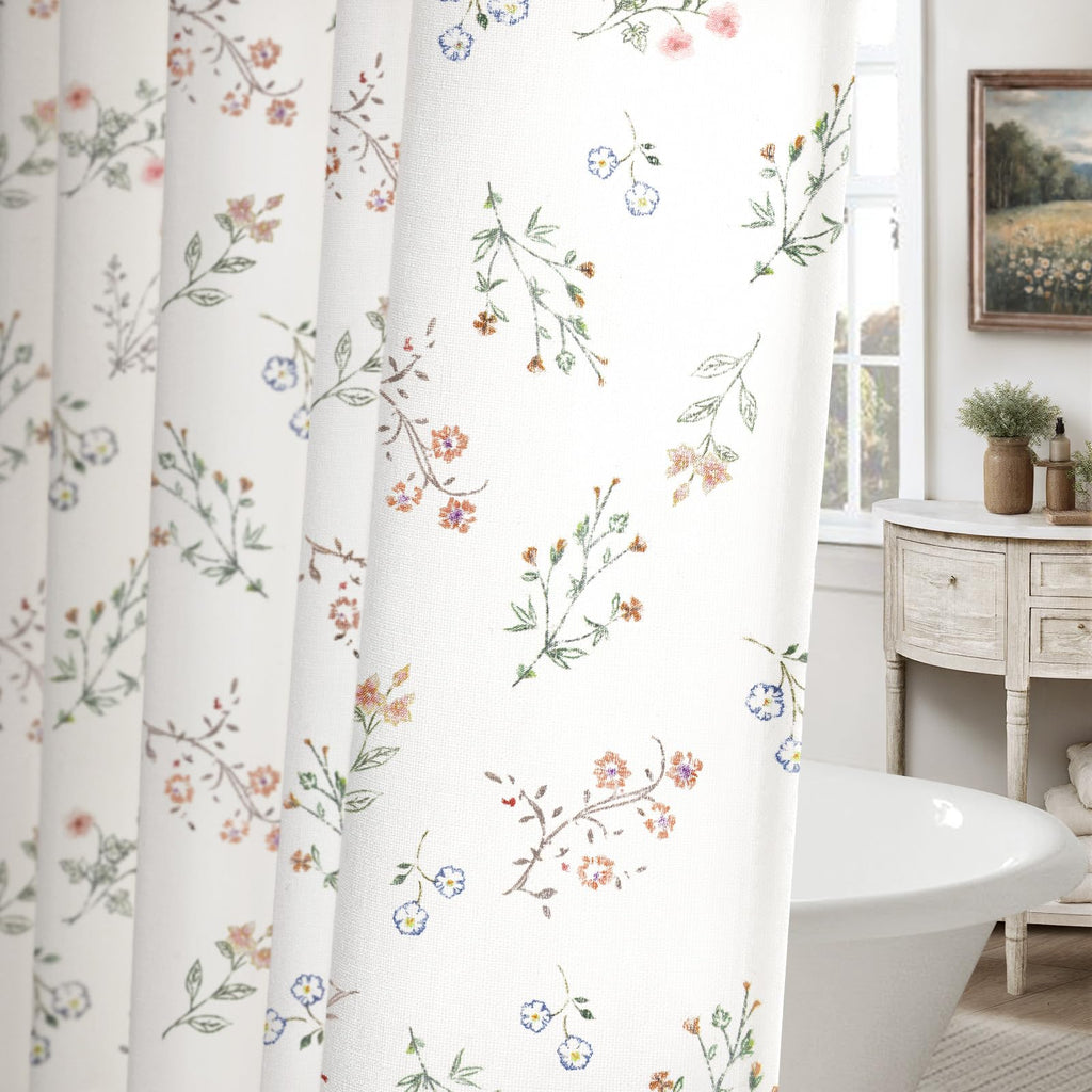 Floral Farmhouse Vintage Linen Shower Curtain, French Country Spring Shower Curtains for Bathroom, 72Wx72H
