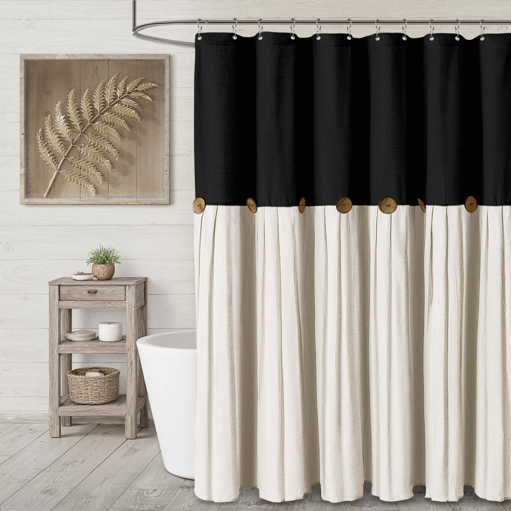 Farmhouse Shower Curtain Linen Beige Button Woven Fabric Country Rustic Western, Pleated Brown Stripe 72" W x 72" L