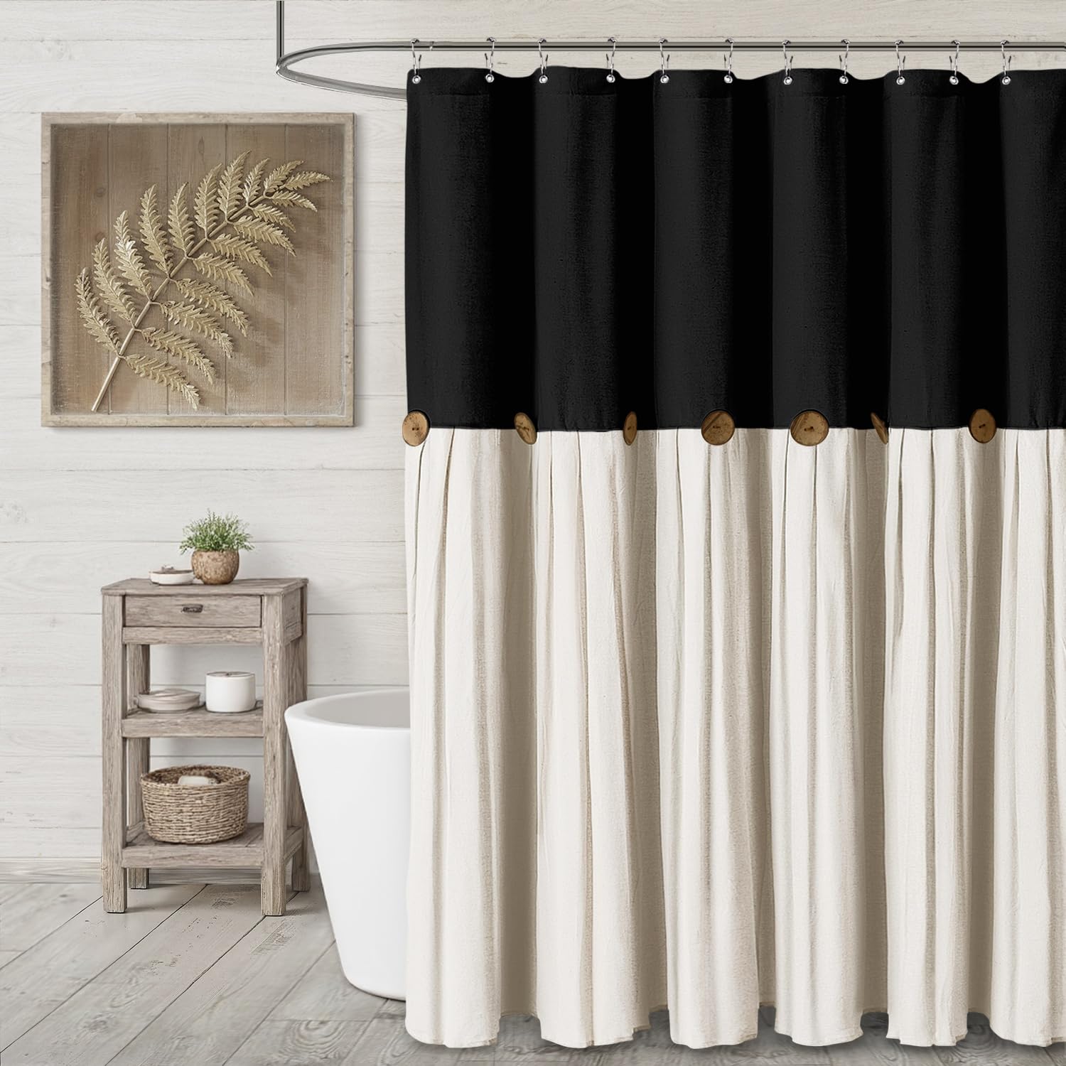 Farmhouse Shower Curtain Linen Beige Button Woven Fabric Country Rustic Western, Pleated Brown Stripe 72" W x 72" L