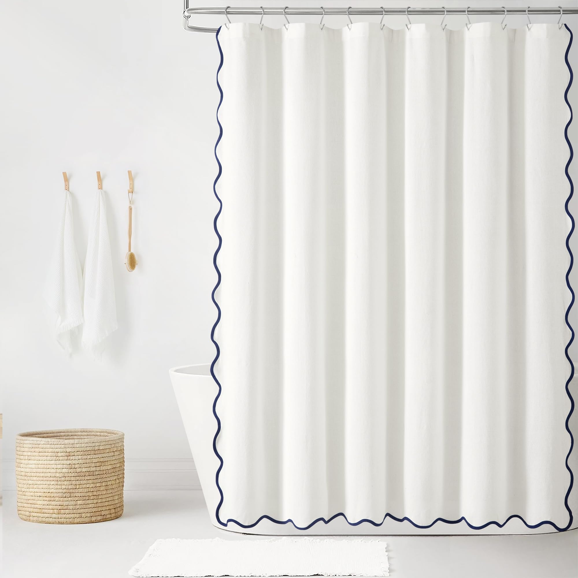 Lush Decor Coastal Chic Scallop Edge Linen-Textured Shower Curtain, Single 72" W x 72" L, Gray & White - Scalloped Shower Curtains - Coastal Bathroom Curtain