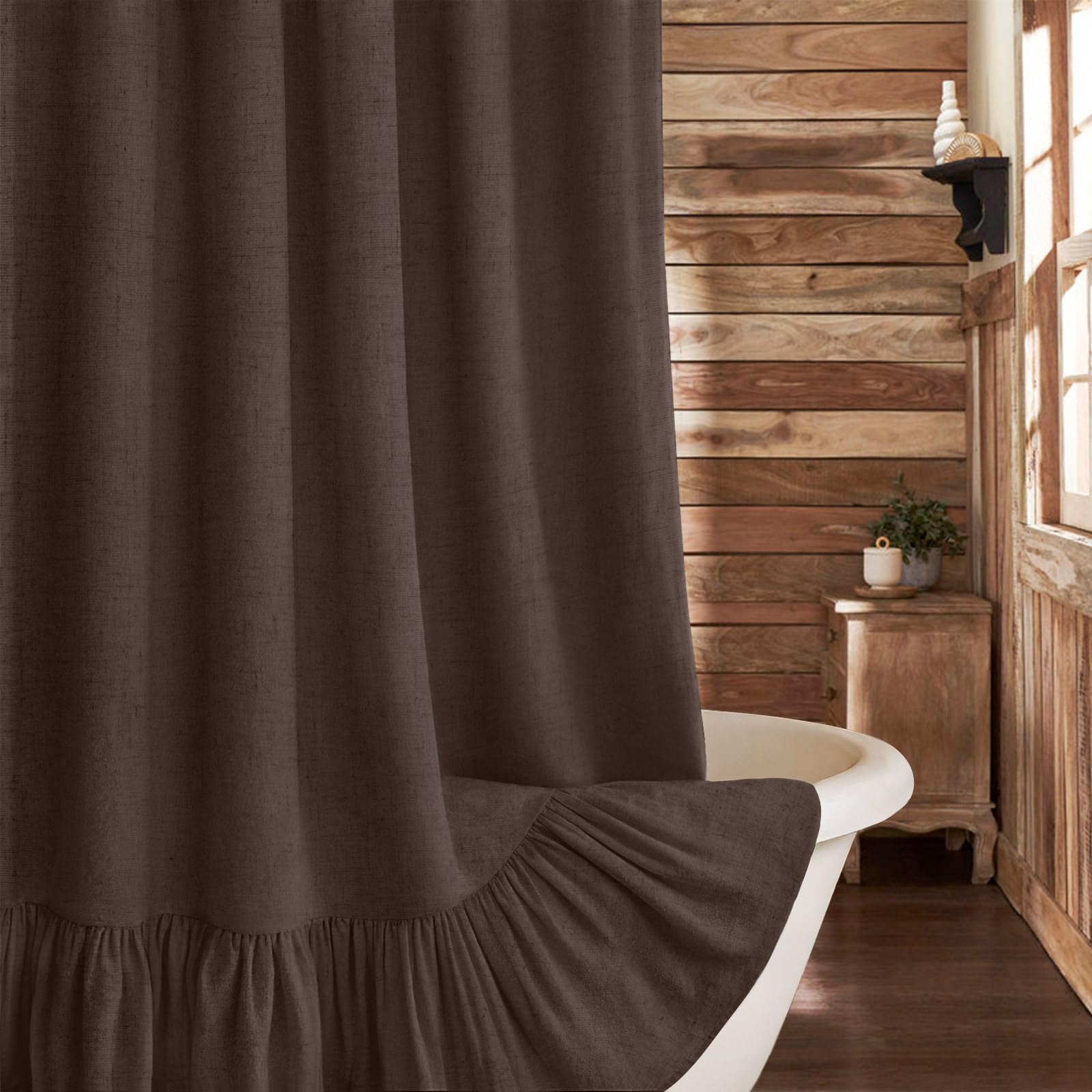 Beige Linen Farmhouse Ruffle Shower Curtain 72"×72", Rustic Boho Country Bathroom Fabric Curtain