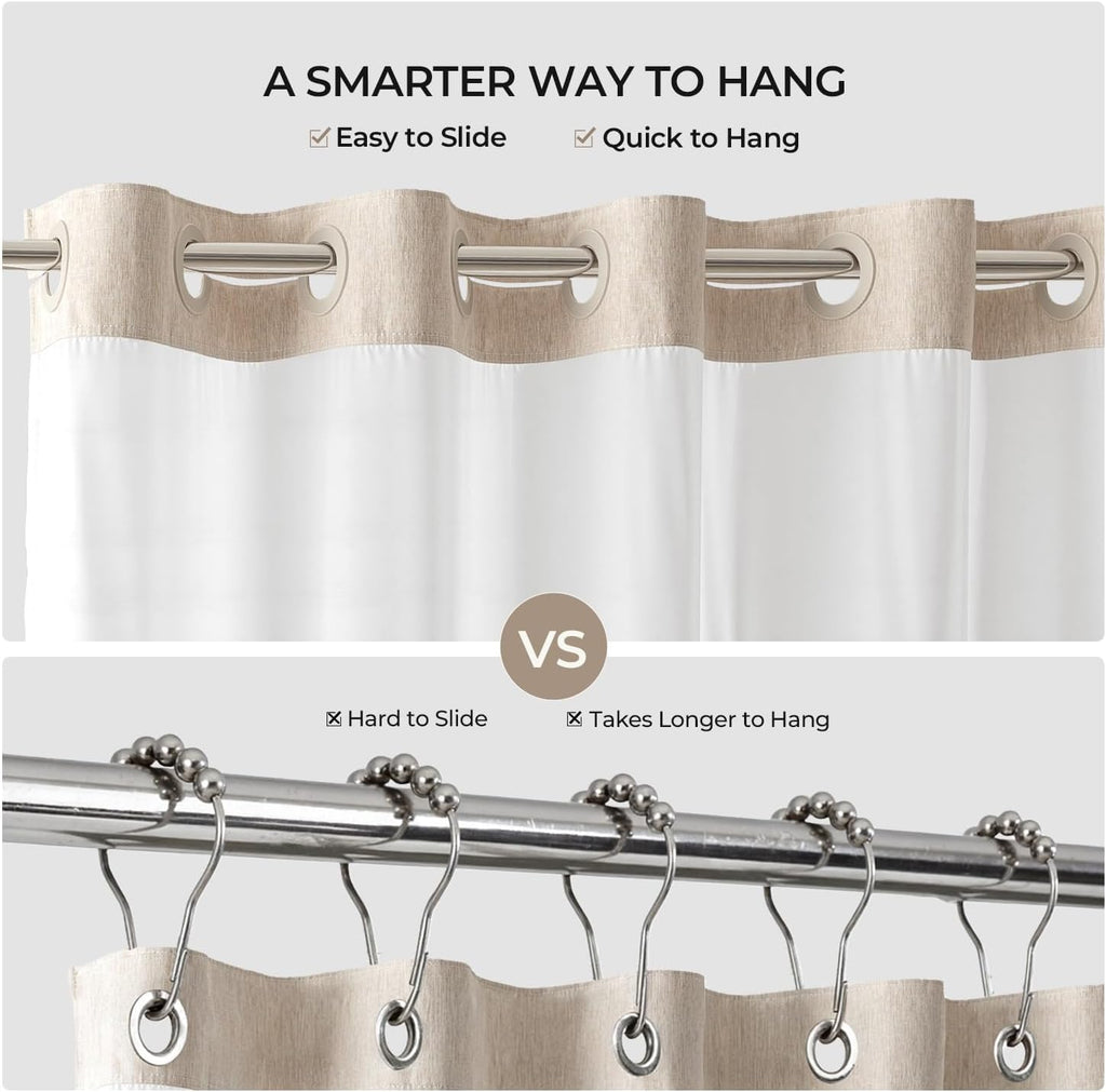 River Dream Linen Textured No Hook Shower Curtain with Snap-in Liner, Farmhouse Quick Dry Fabric Shower Curtain for Bathroom,Rustic Bathroom Set,See-Through Top Window,Water-Repellent,Linen,71Wx74L
