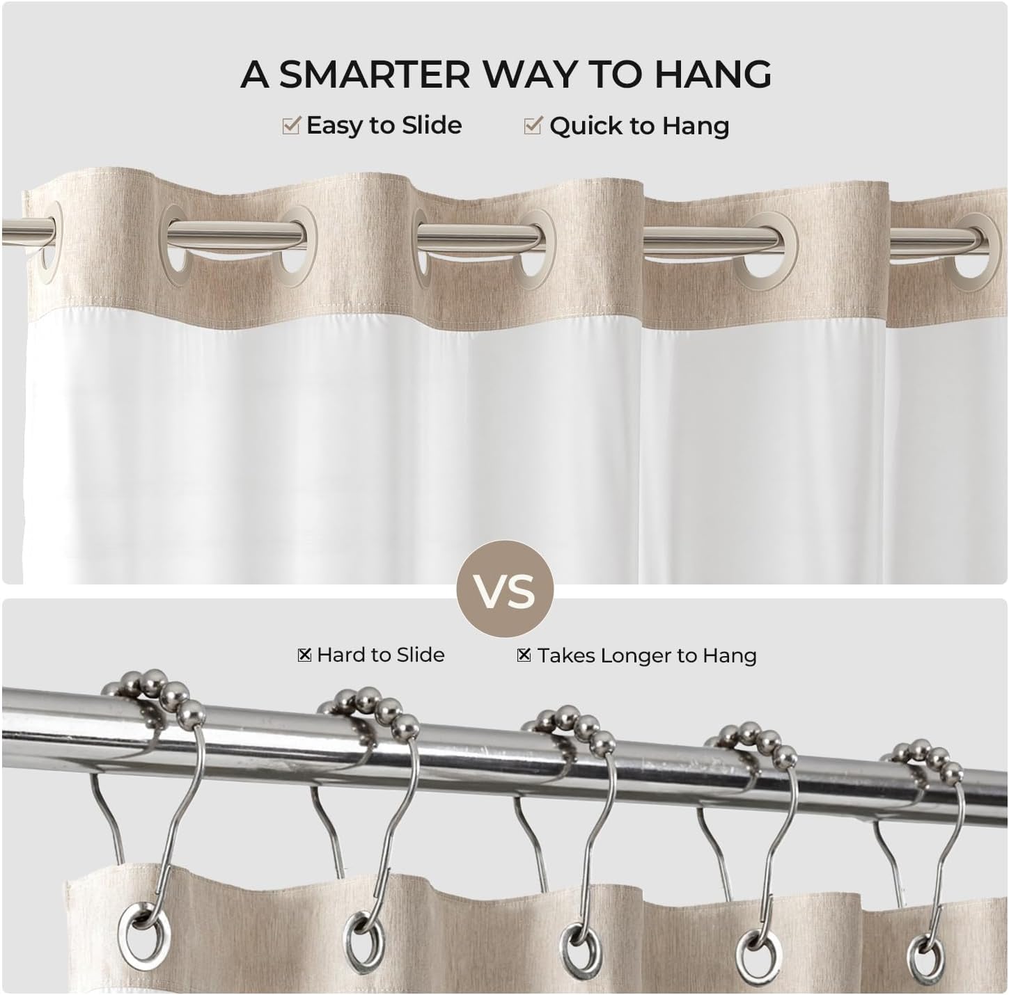 River Dream Linen Textured No Hook Shower Curtain with Snap-in Liner, Farmhouse Quick Dry Fabric Shower Curtain for Bathroom,Rustic Bathroom Set,See-Through Top Window,Water-Repellent,Linen,71Wx74L